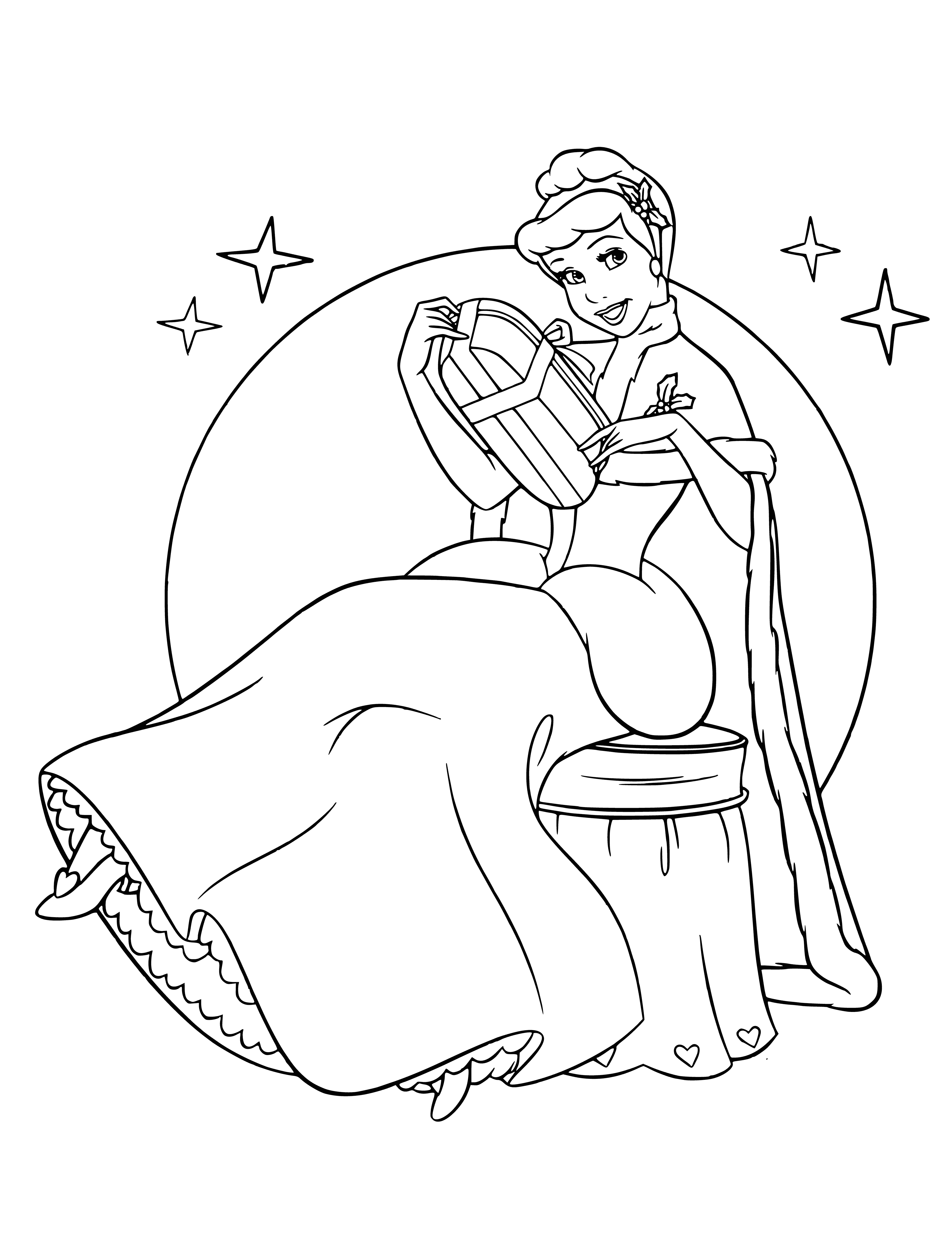 coloring page: Disney princesses ring in the New Year. Cinderella presents a gift; all wearing crowns and holding hands, looking very pretty.