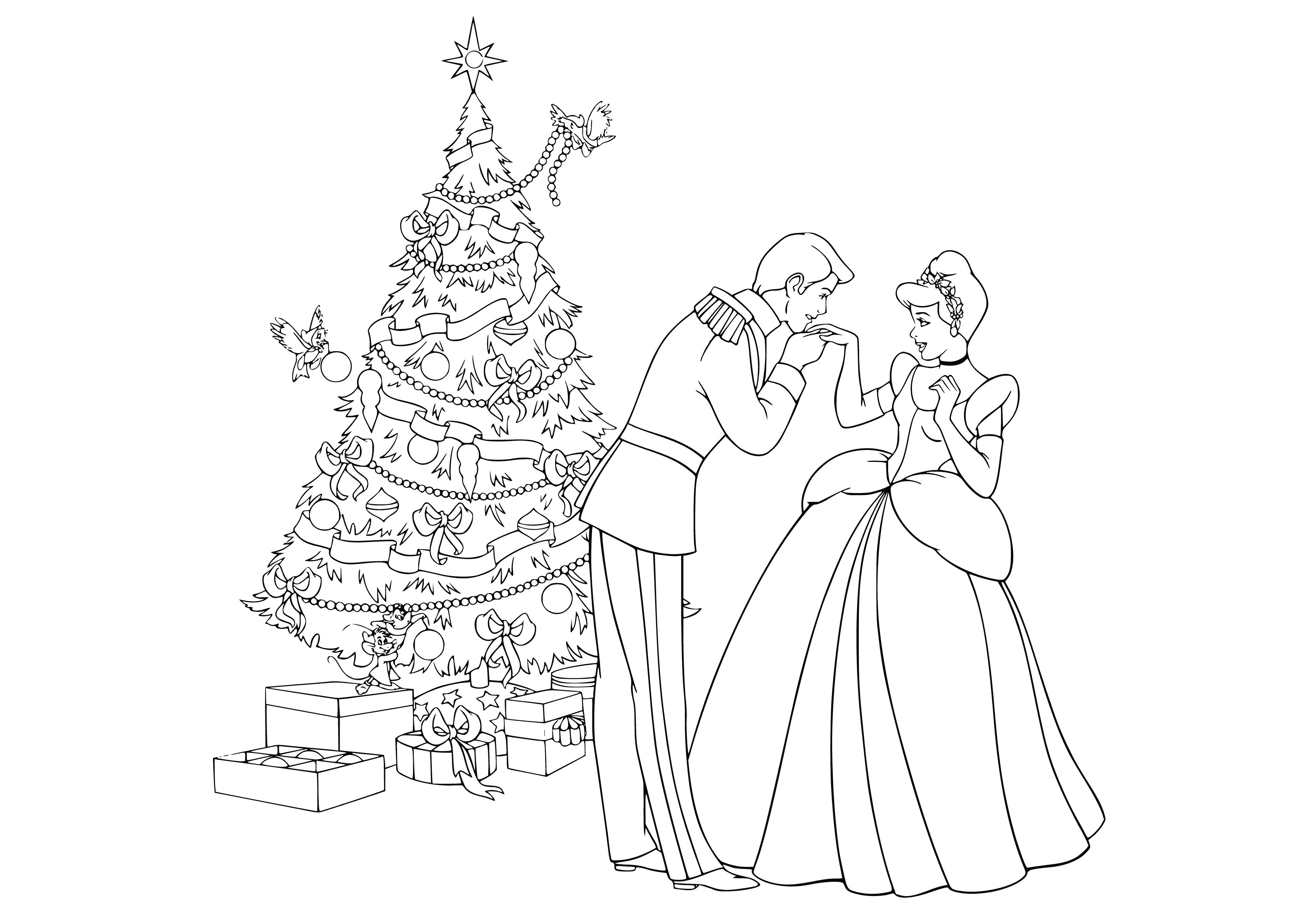 coloring page: Cinderella and prince kiss under the mistletoe to mark the start of the New Year.