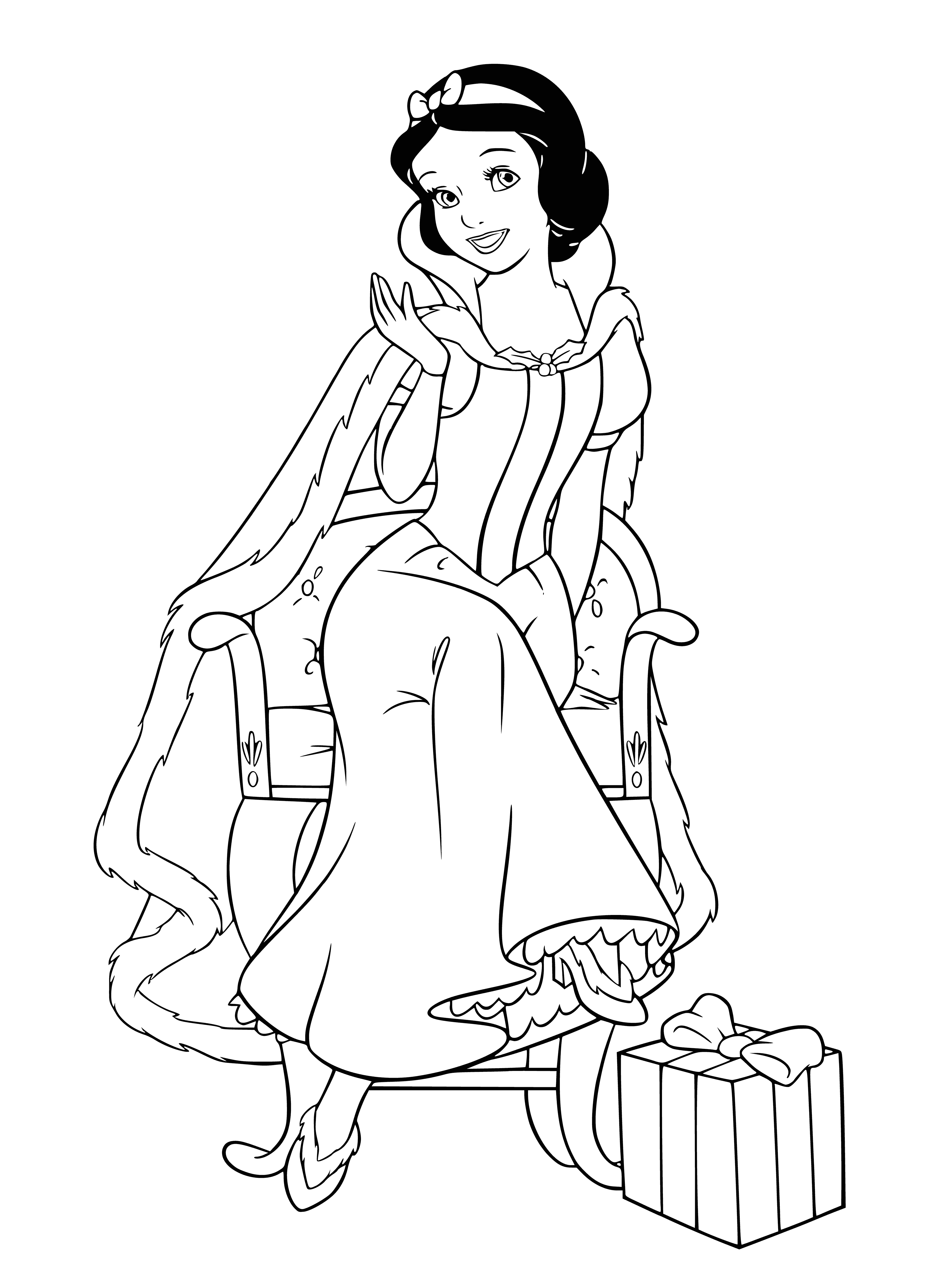 coloring page: Snow White and the Disney princesses celebrate the New Year; Snow White holds a gift and a "Happy New Year" banner behind her. #disneyprincesses