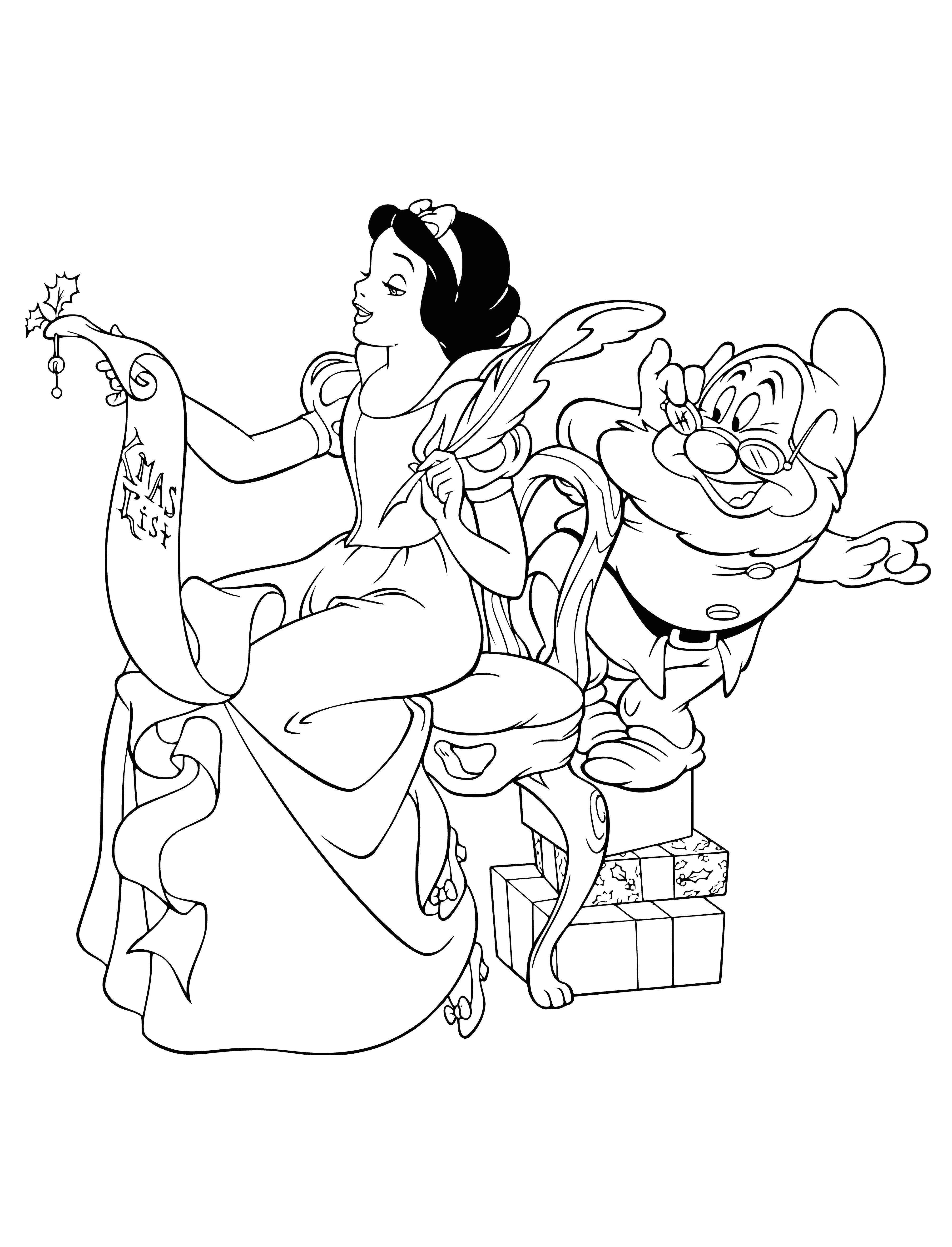 coloring page: Snow White stands at the head of a table full of Disney princesses, gifts in hand, smilling and basking in their joy.
