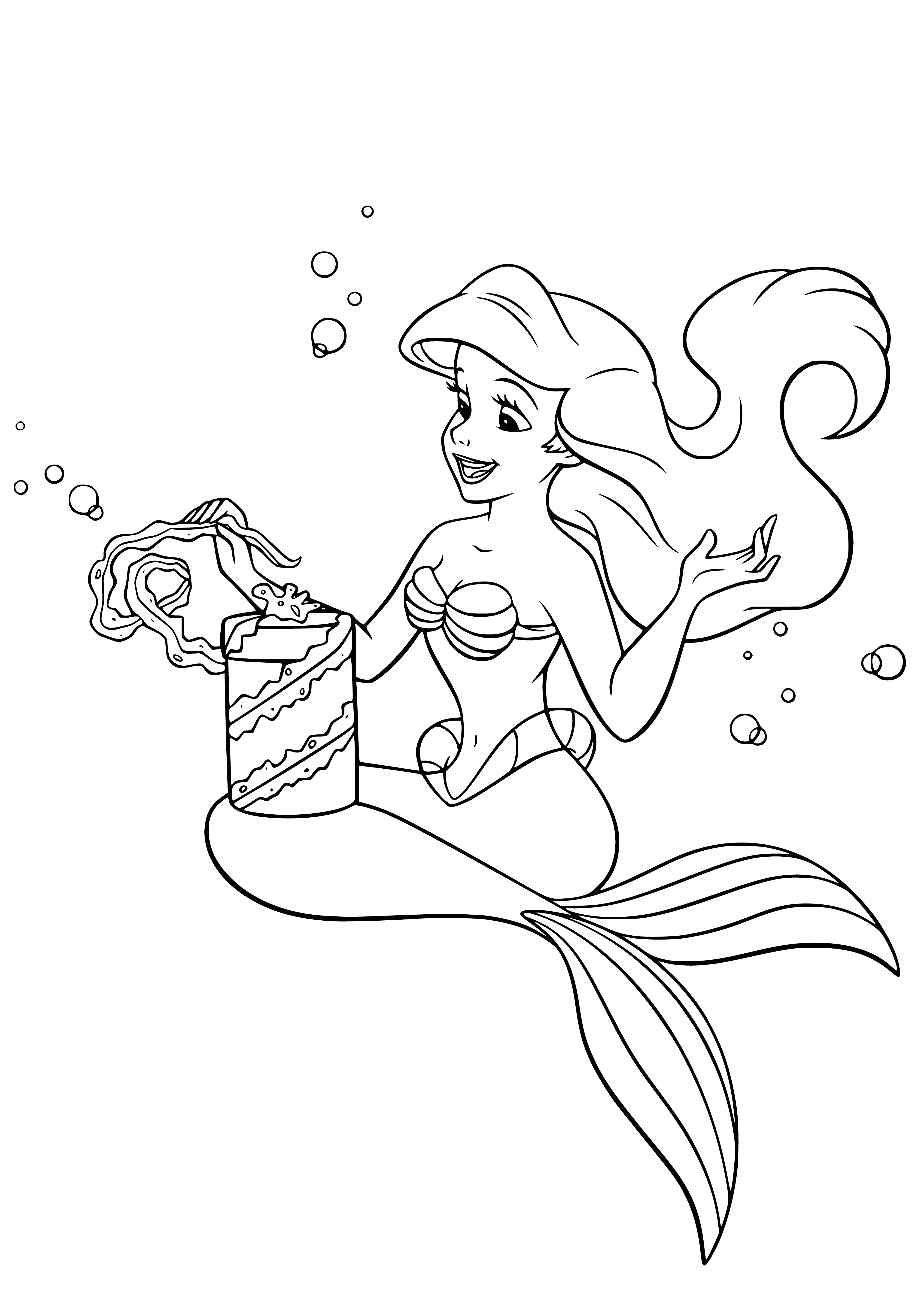 coloring page: Disney princesses celebrate New Year, excited as Ariel admires her seashell necklace gift. They look happy and ready to start 2021!