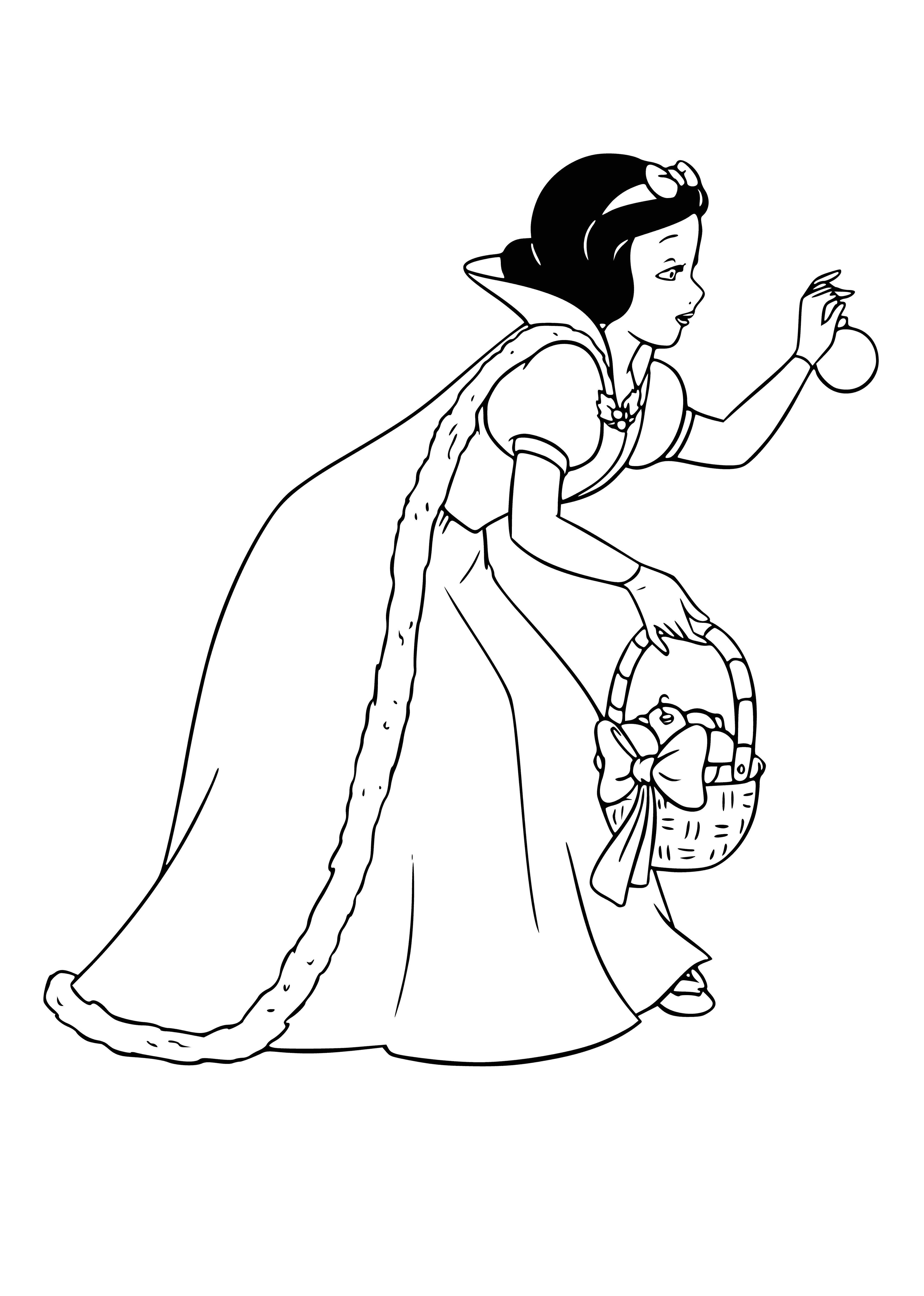 coloring page: Disney princesses ring in the New Year: Snow White hangs Christmas ball amidst presents, tree, & fireplace!