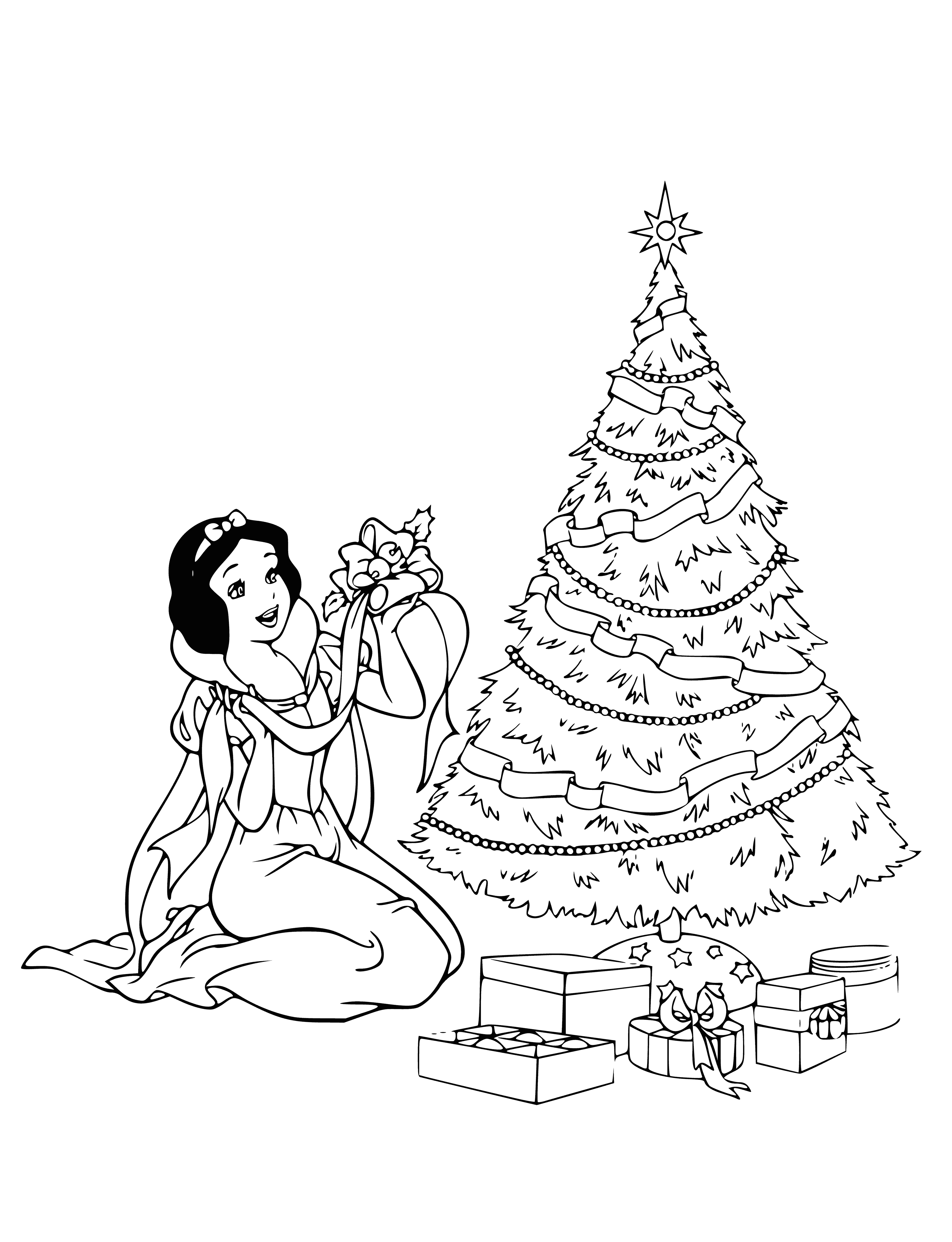 coloring page: Snow White & other Disney Princesses gathered around a Christmas tree, enjoying each other’s company near a fireplace. Clock reads almost midnight.