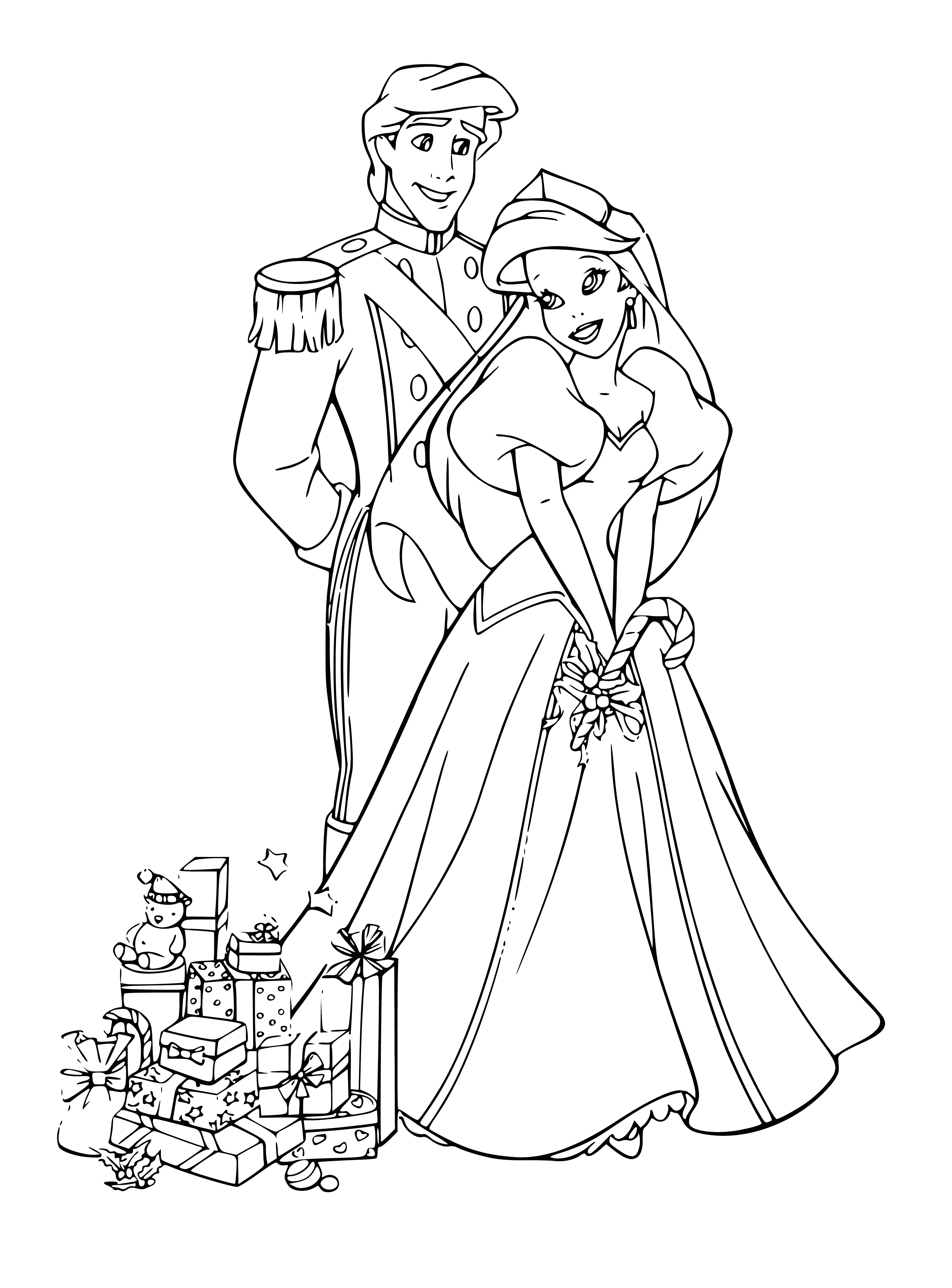 coloring page: Ariel & Prince Eric share a romantic kiss as confetti & streamers fall, celebrating a happy New Year full of love. #happynewyear