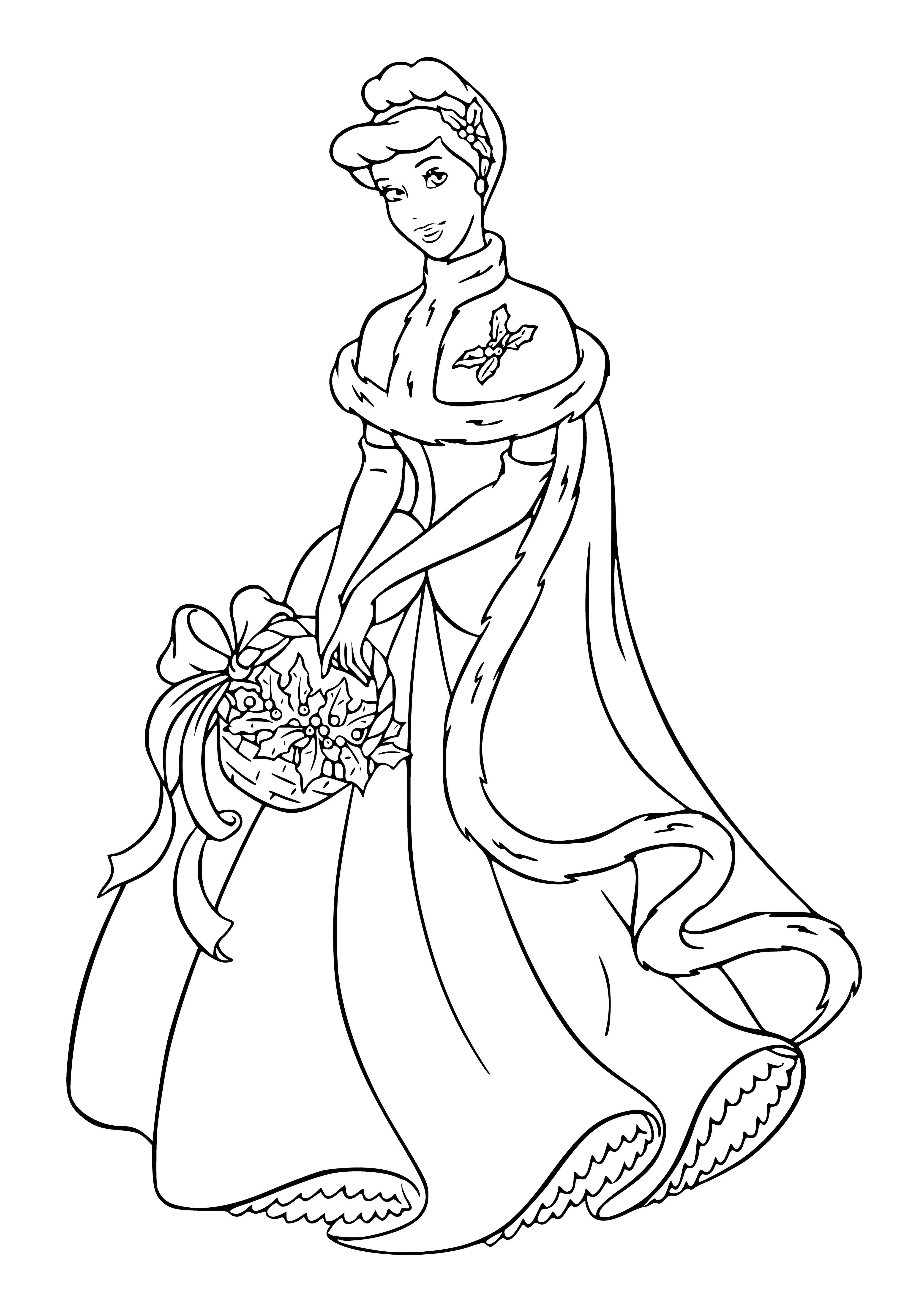 coloring page: The Disney princesses are gathered around a Christmas tree, smiling and celebrating. Cinderella is in the center holding a glass of champagne, looking happy for the new year. The other princesses are all around her, also smiling.