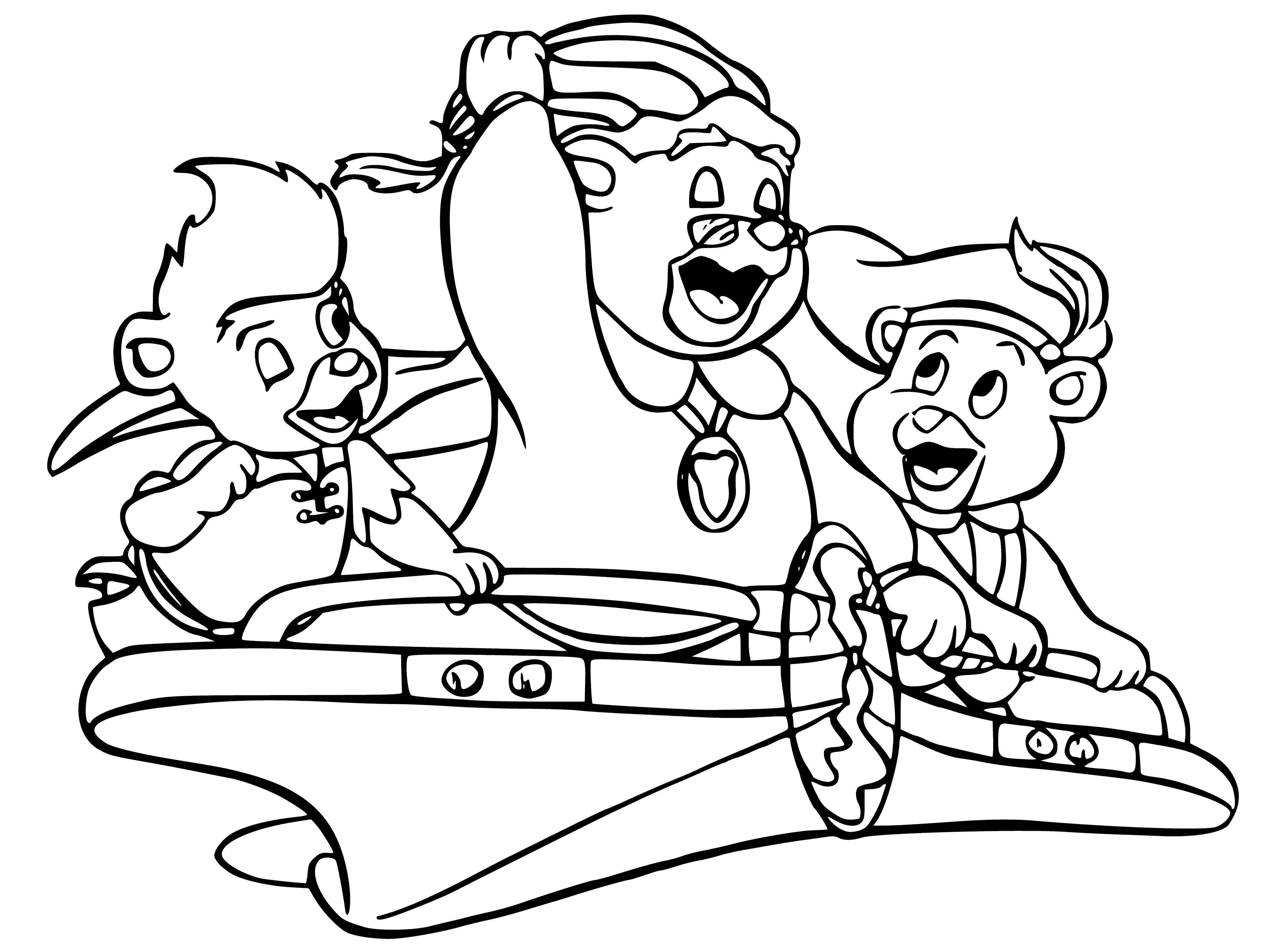 coloring page: Anthropomorphic bears living in a forest who wear no clothes and have large noses, each of a different color. They eat Gummi Berries.