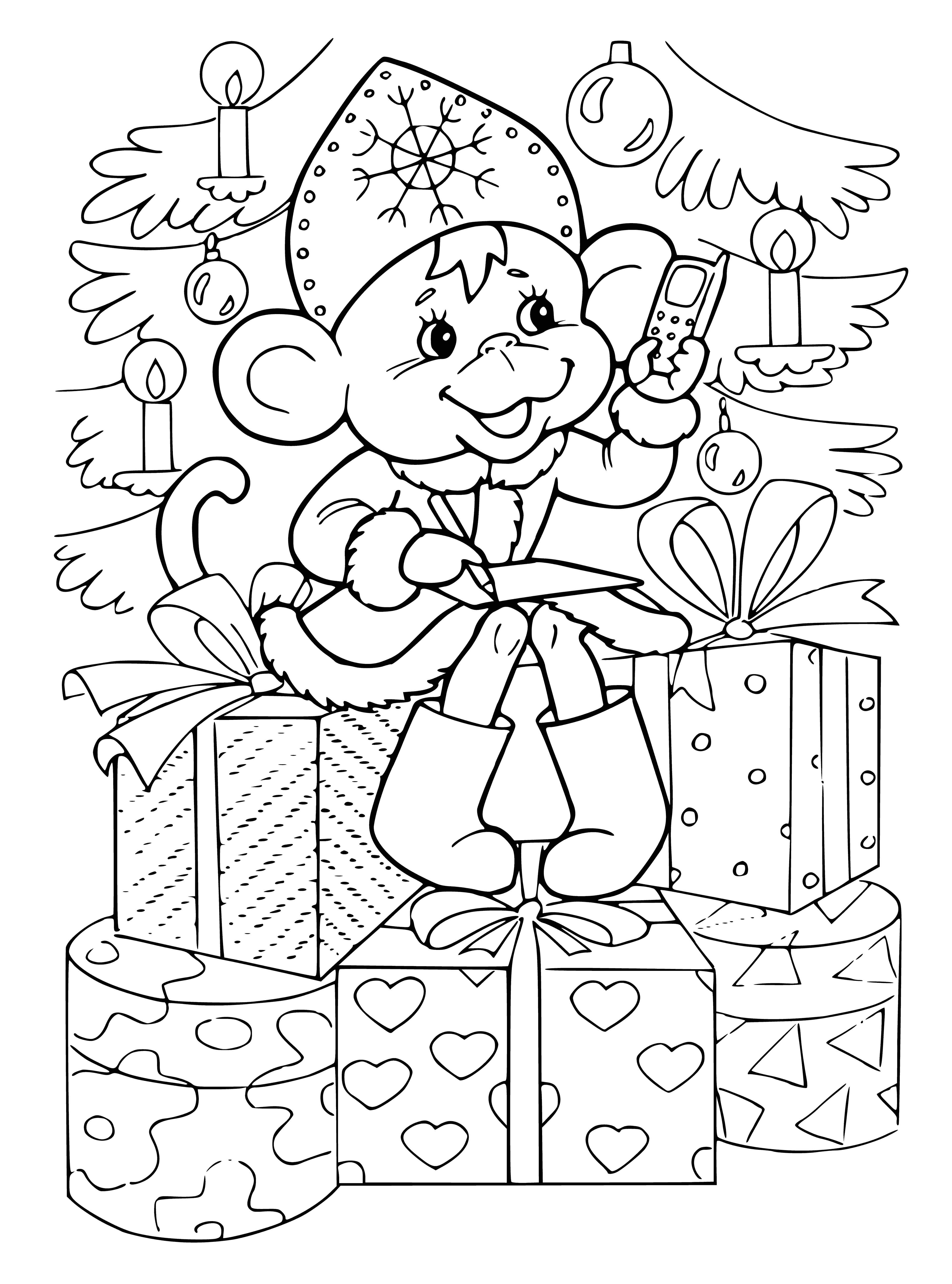 coloring page: Monkey grins atop Xmas tree, brown fur w/lighter brown face & belly, furry tail & big floppy ears. #Christmas #Monkey
