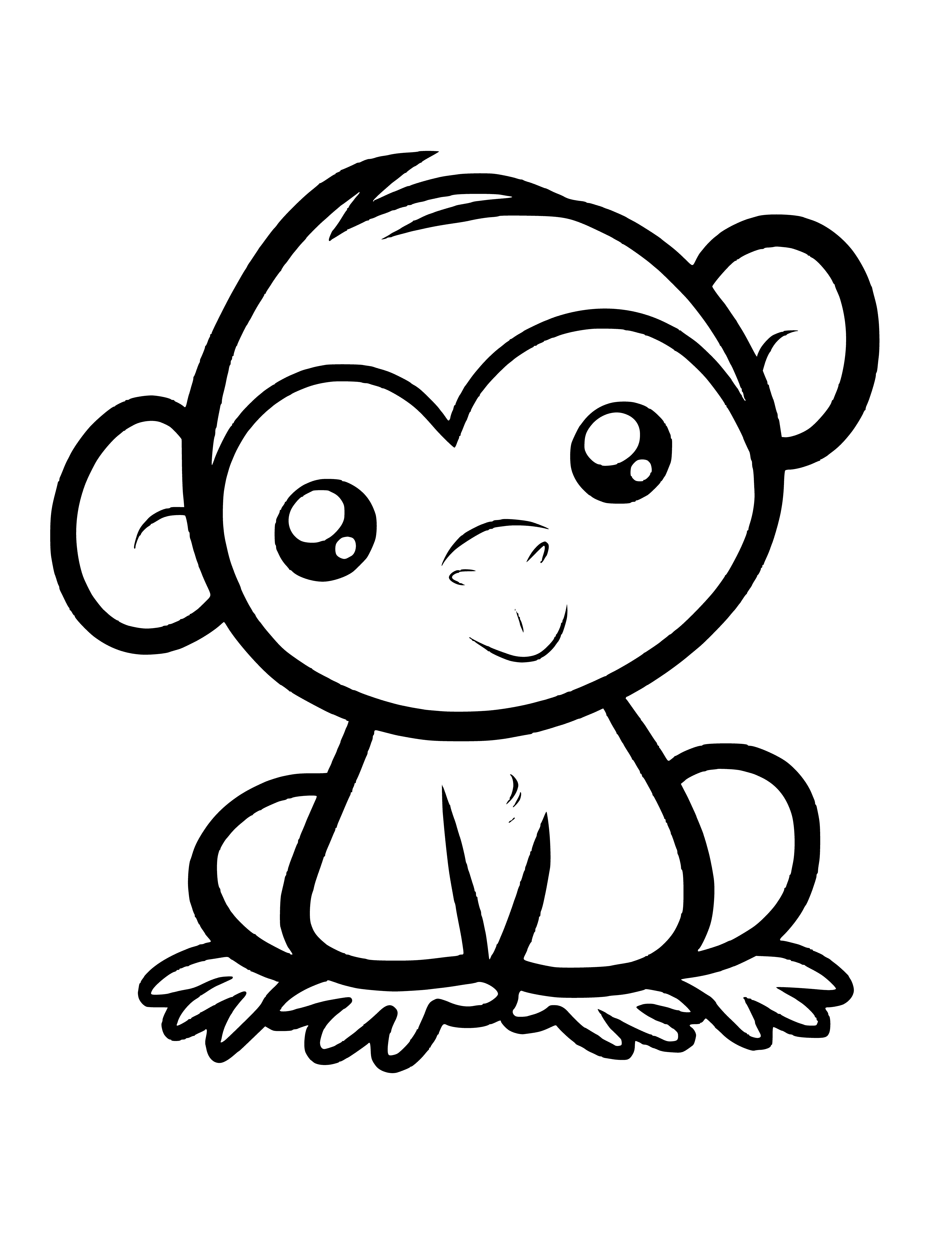 coloring page: Five small monkeys, different colors, three on branch, one hanging and one climbing tree.