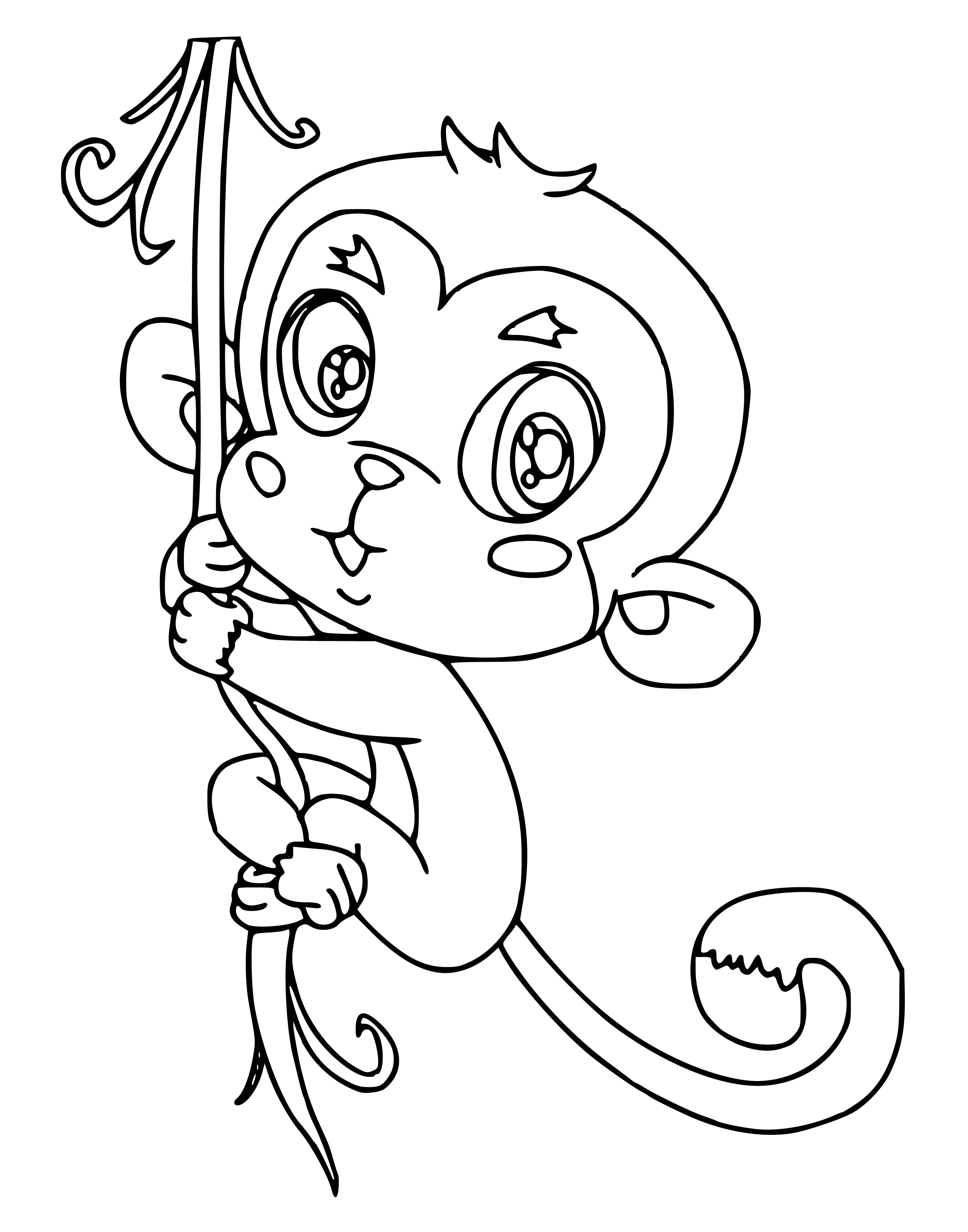 coloring page: 5 monkeys in a tree: 3 eyes closed, 2 eyes open; 1 eating a banana.