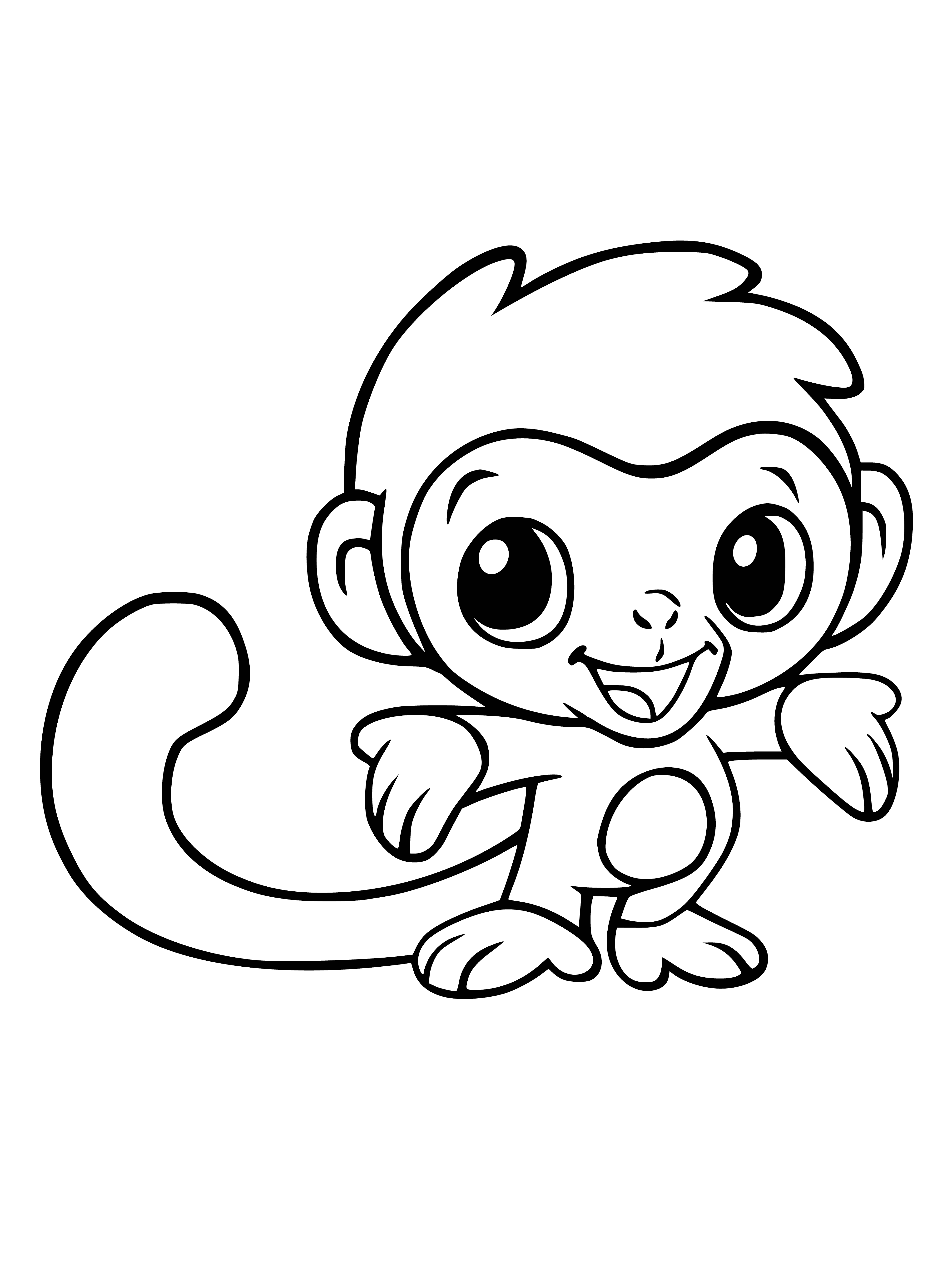 coloring page: Small monkey stands on a tree branch, brown body & yellow face with long tail - gazing off to the side.
