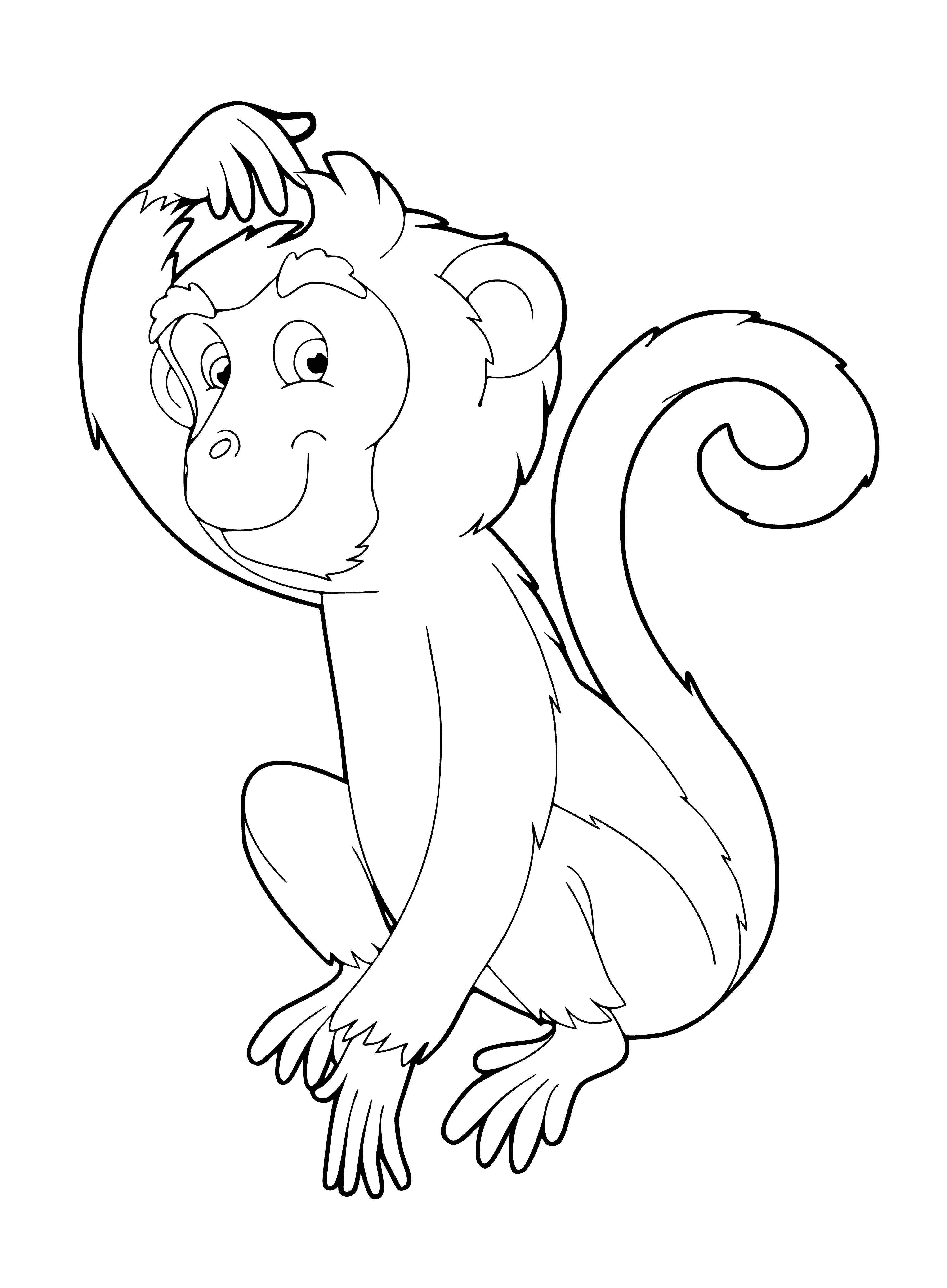 coloring page: Monkeys of various colors swing in a jungle, all with long tails & sharp teeth bared.