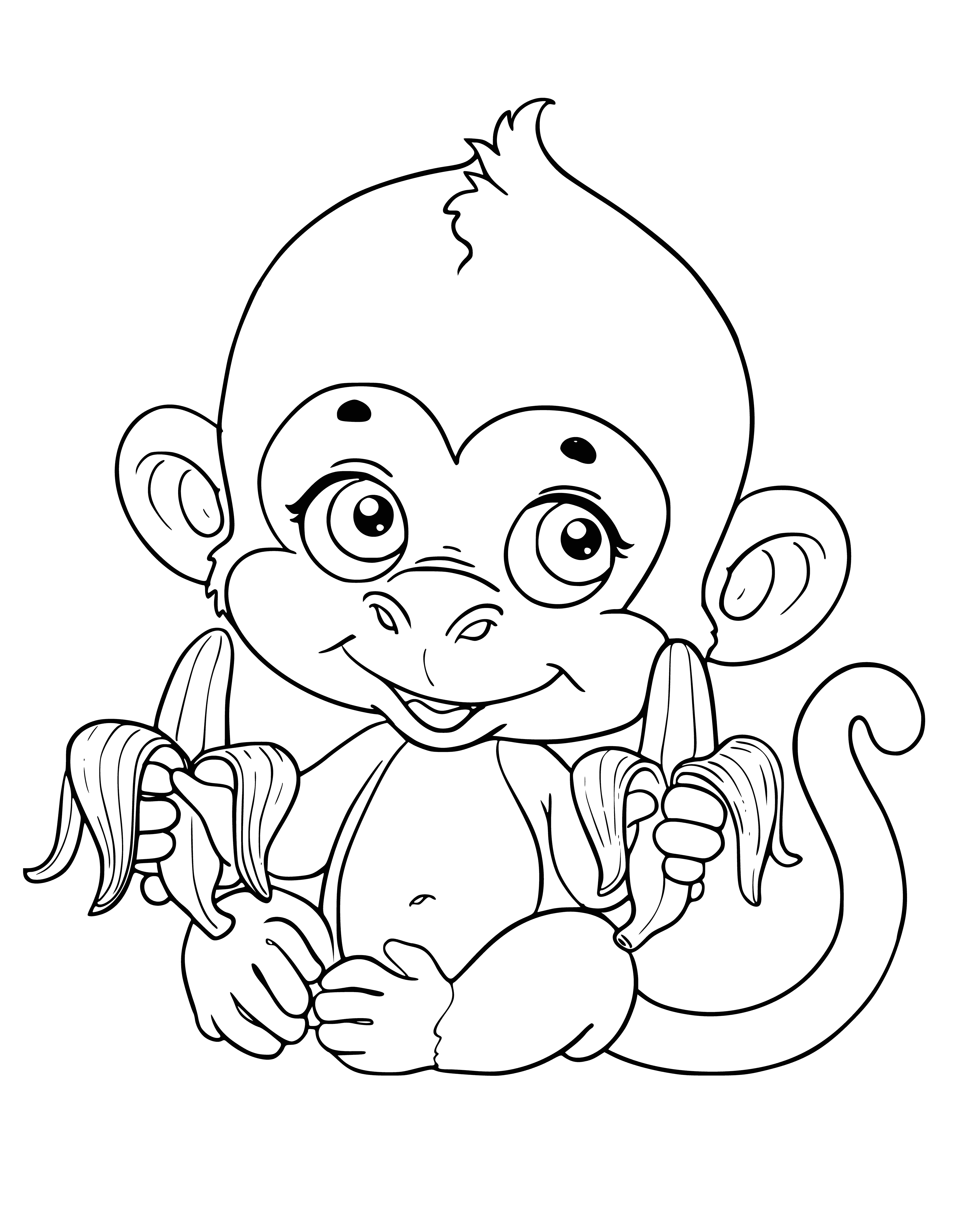 coloring page: Monkey sitting on a tree branch, eating bananas.