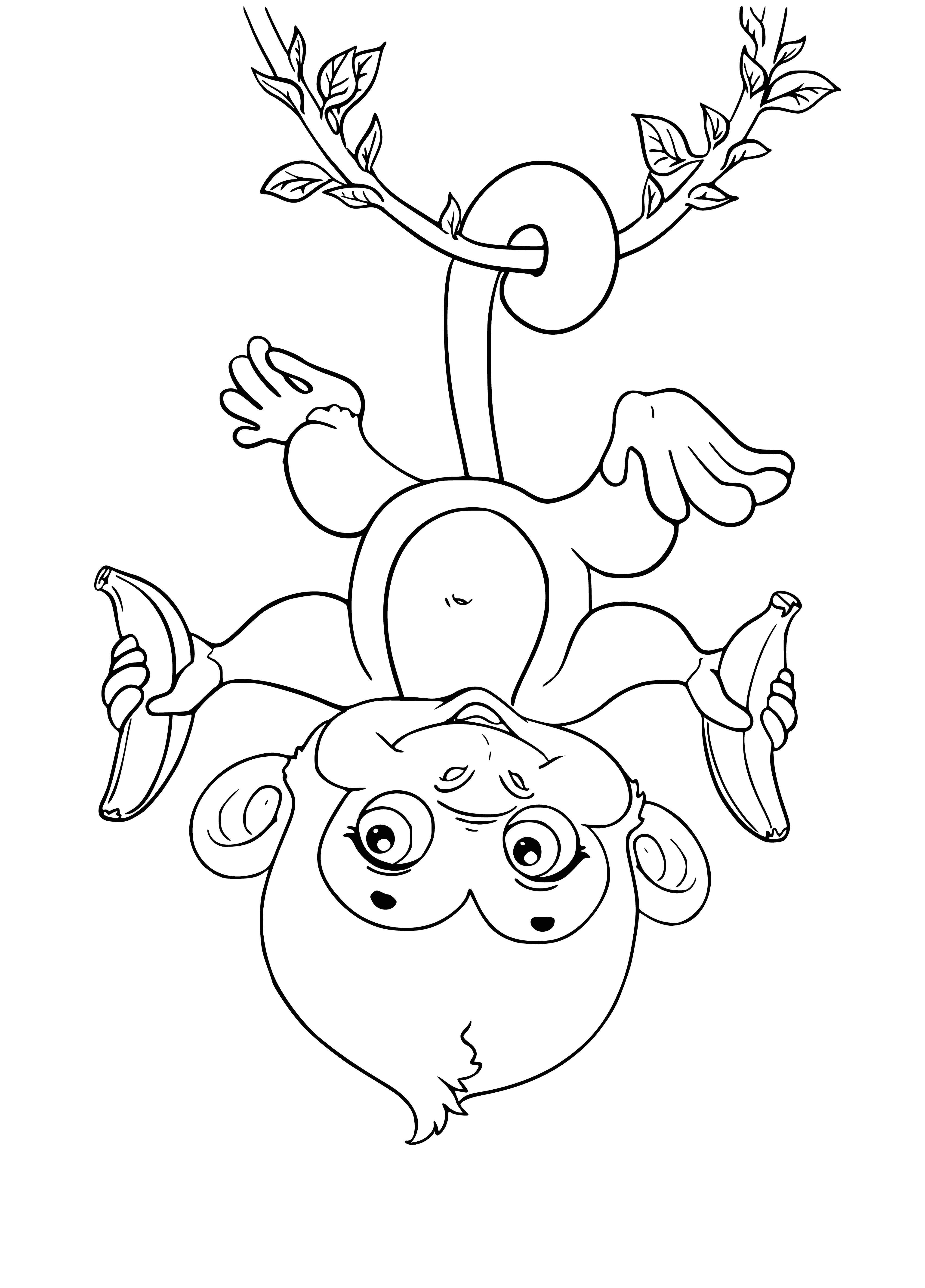 coloring page: Monkeys of different species swing and perch in a jungle setting, visible trees and vines in the background.