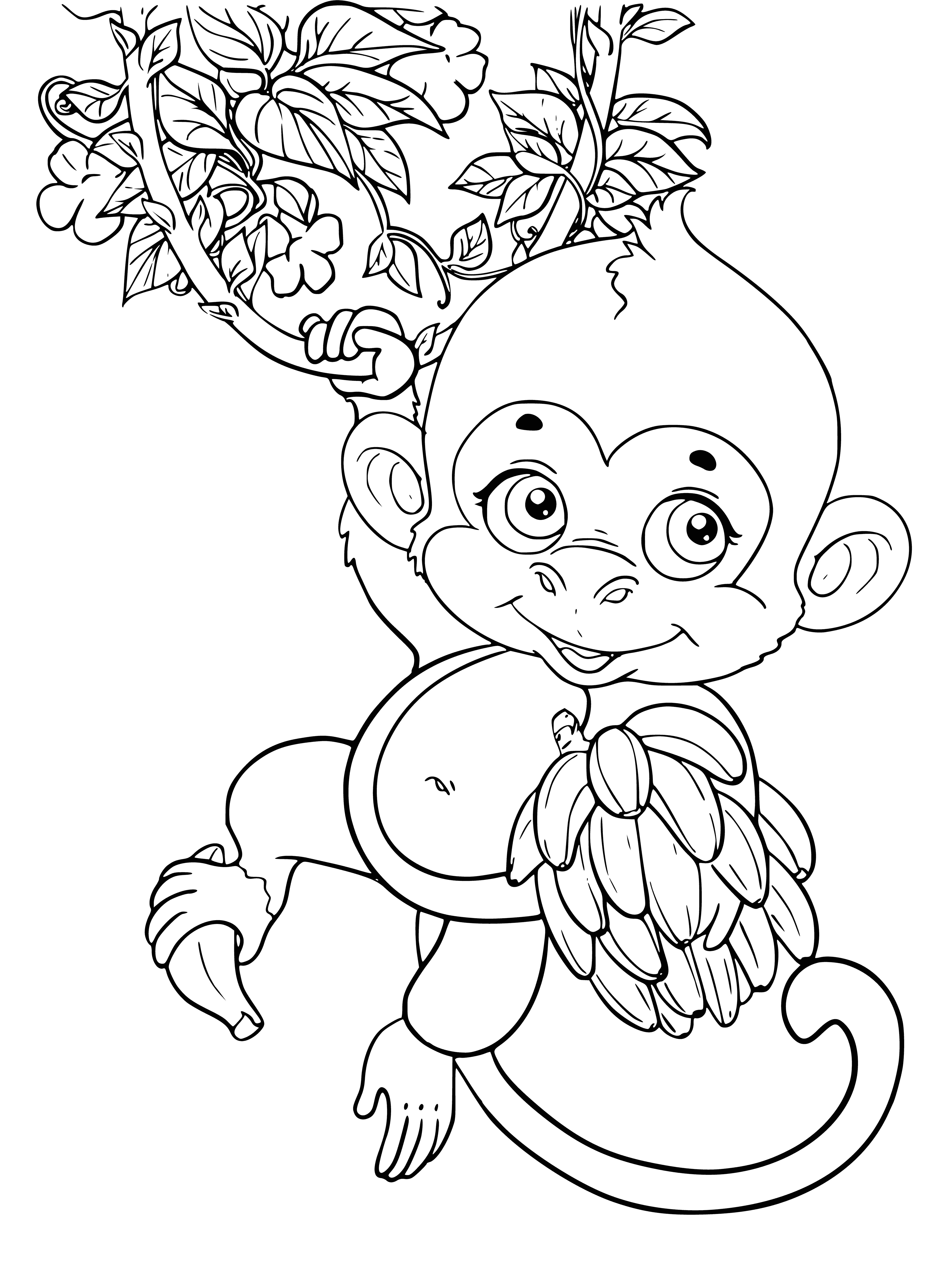 coloring page: Monkeys eating bananas in trees, enjoying themselves in a coloring page. #coloringtime #monkeymania