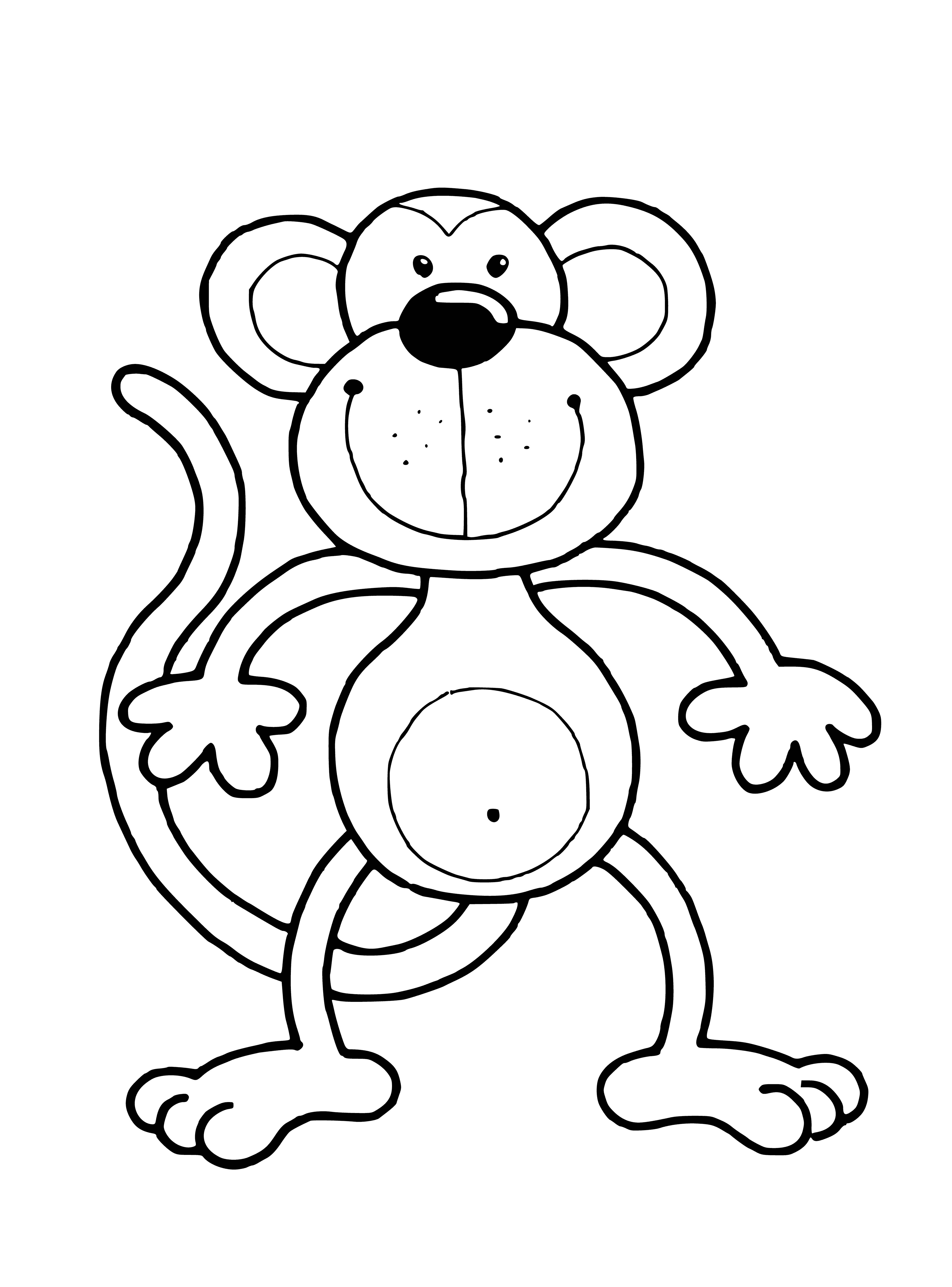 coloring page: Five chimps in a circle, arms around three, two with legs crossed, eyes closed.