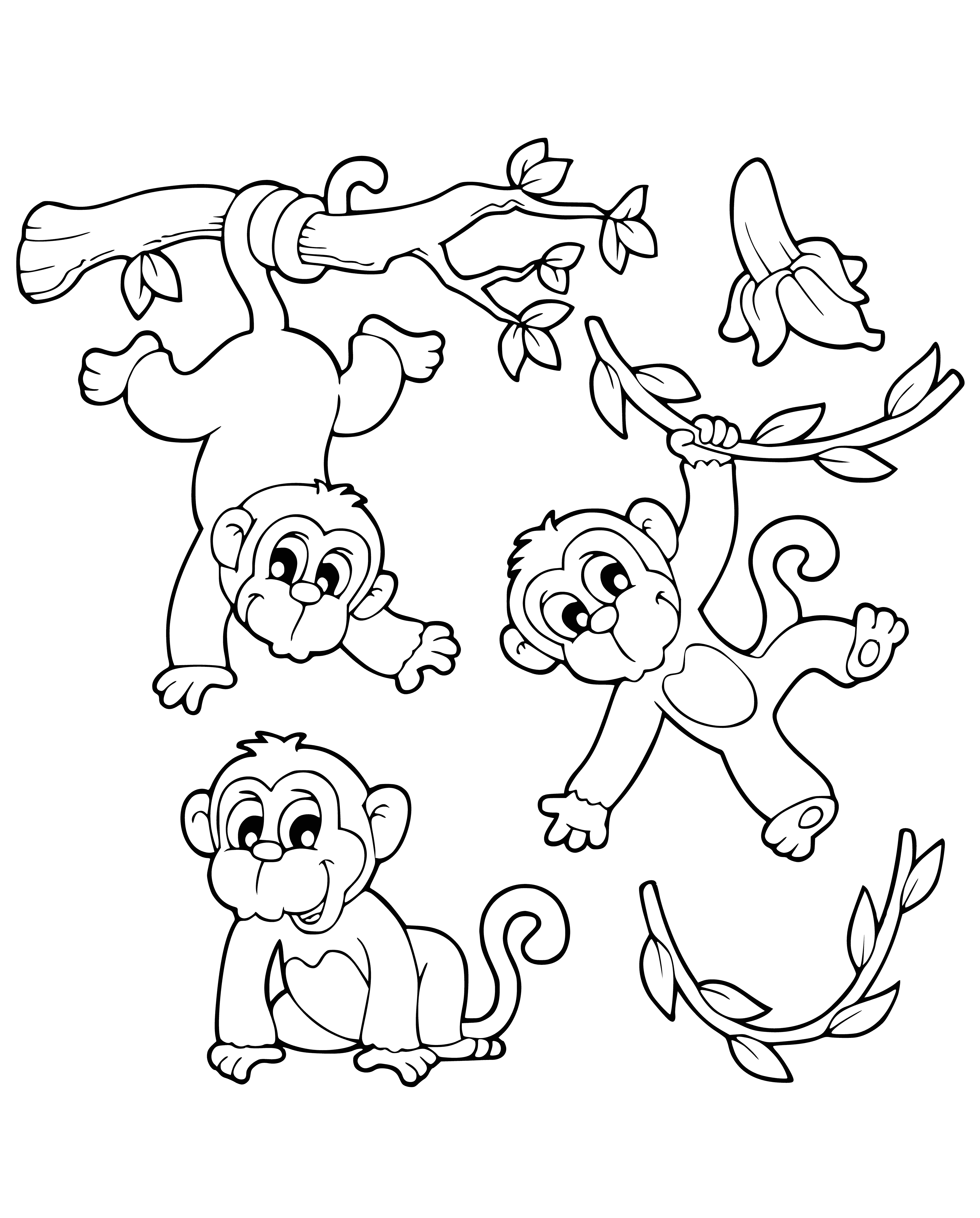 coloring page: Two monkeys on a branch; one eating a banana and one looking at it.