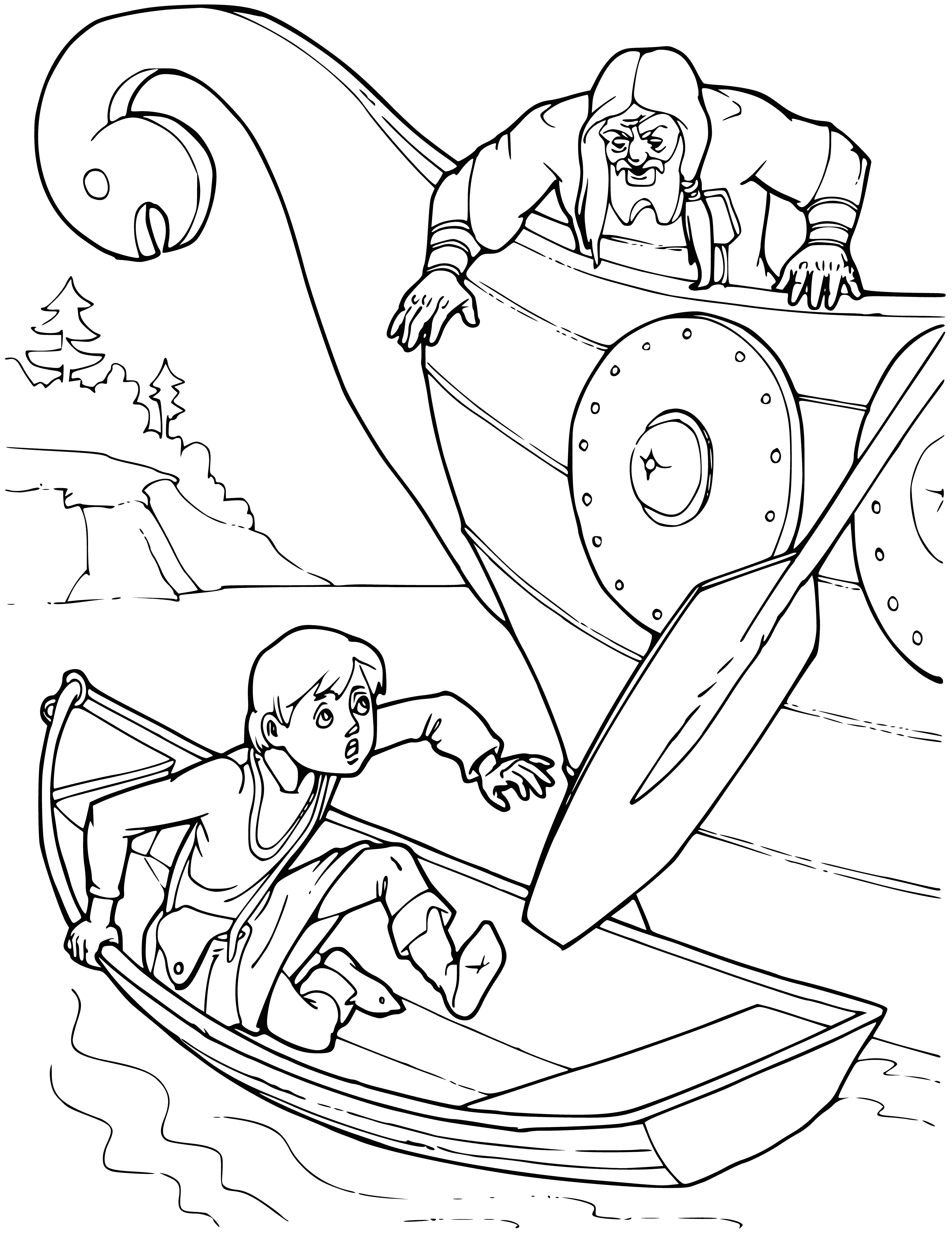 coloring page: Prince Vladimir - Aleksha sailing on a lake on a white boat, wearing blue shirt, white pants, and blue hat, reading a blue book, scarf around his neck.