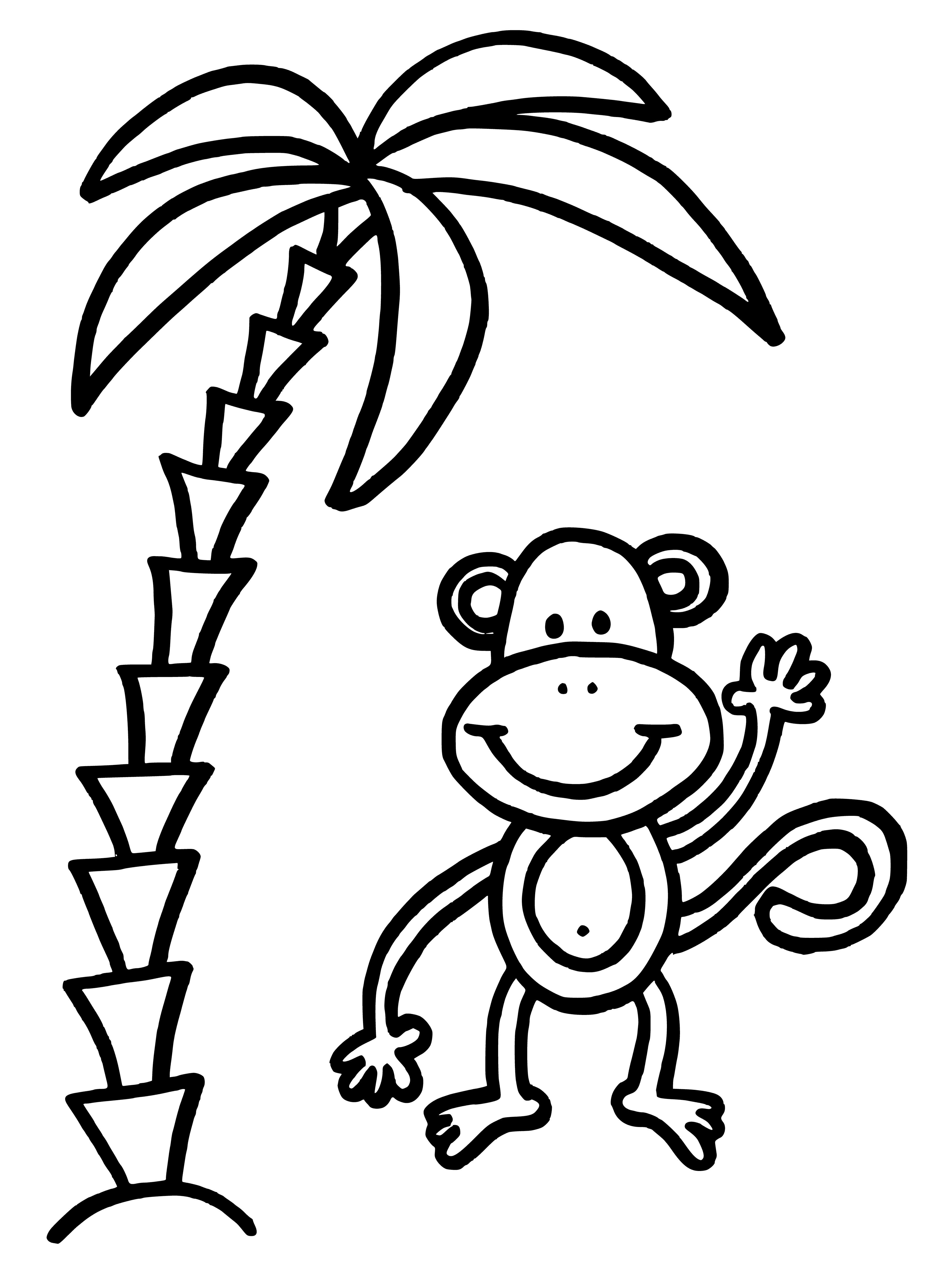 coloring page: A monkey near a palm tree is sitting on the ground, having leaves and trunk.