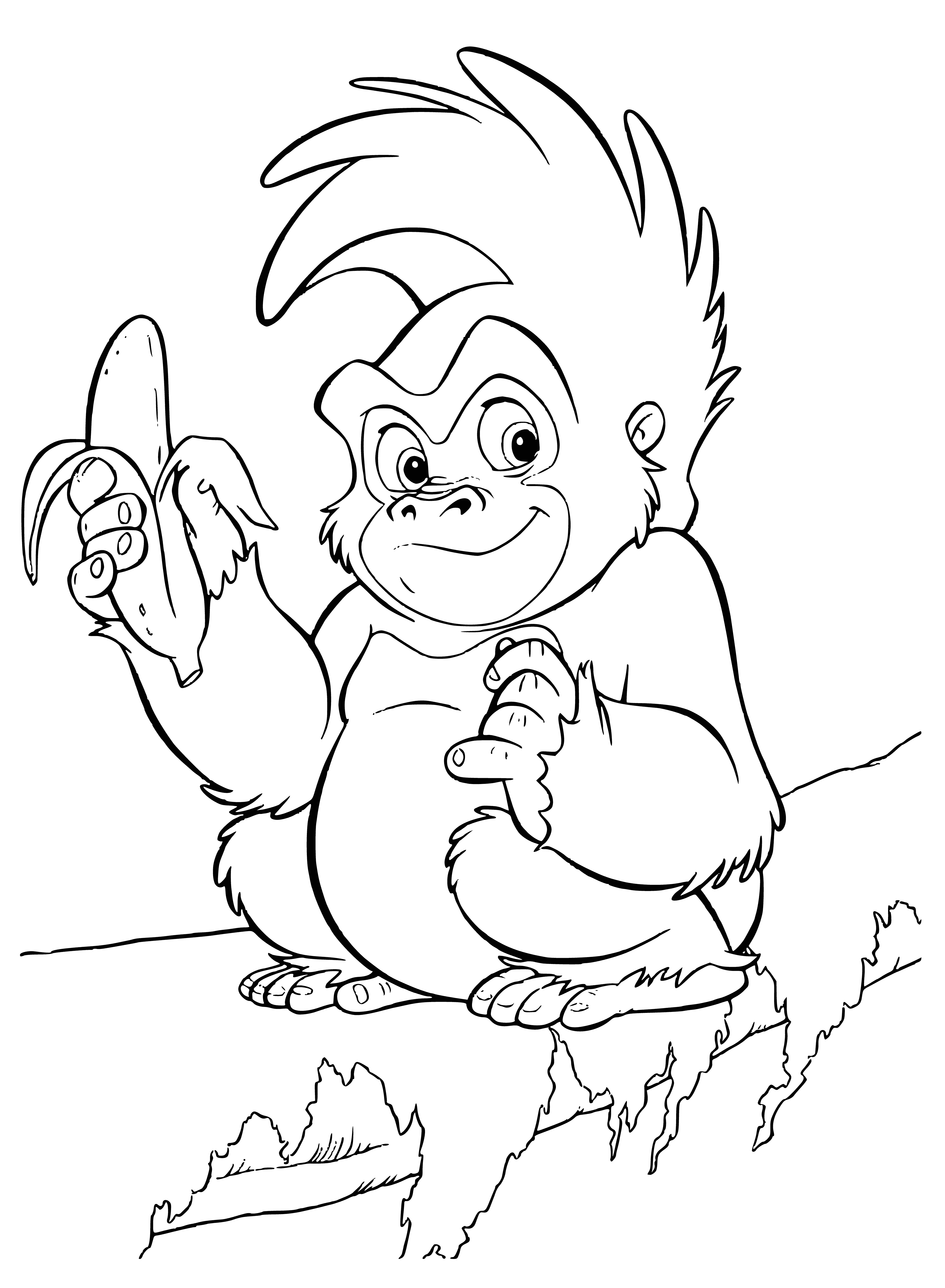 coloring page: Monkey sits on tree branch, tan fur/long tail, brown face/long snout, black eyes/open mouth showing teeth.
