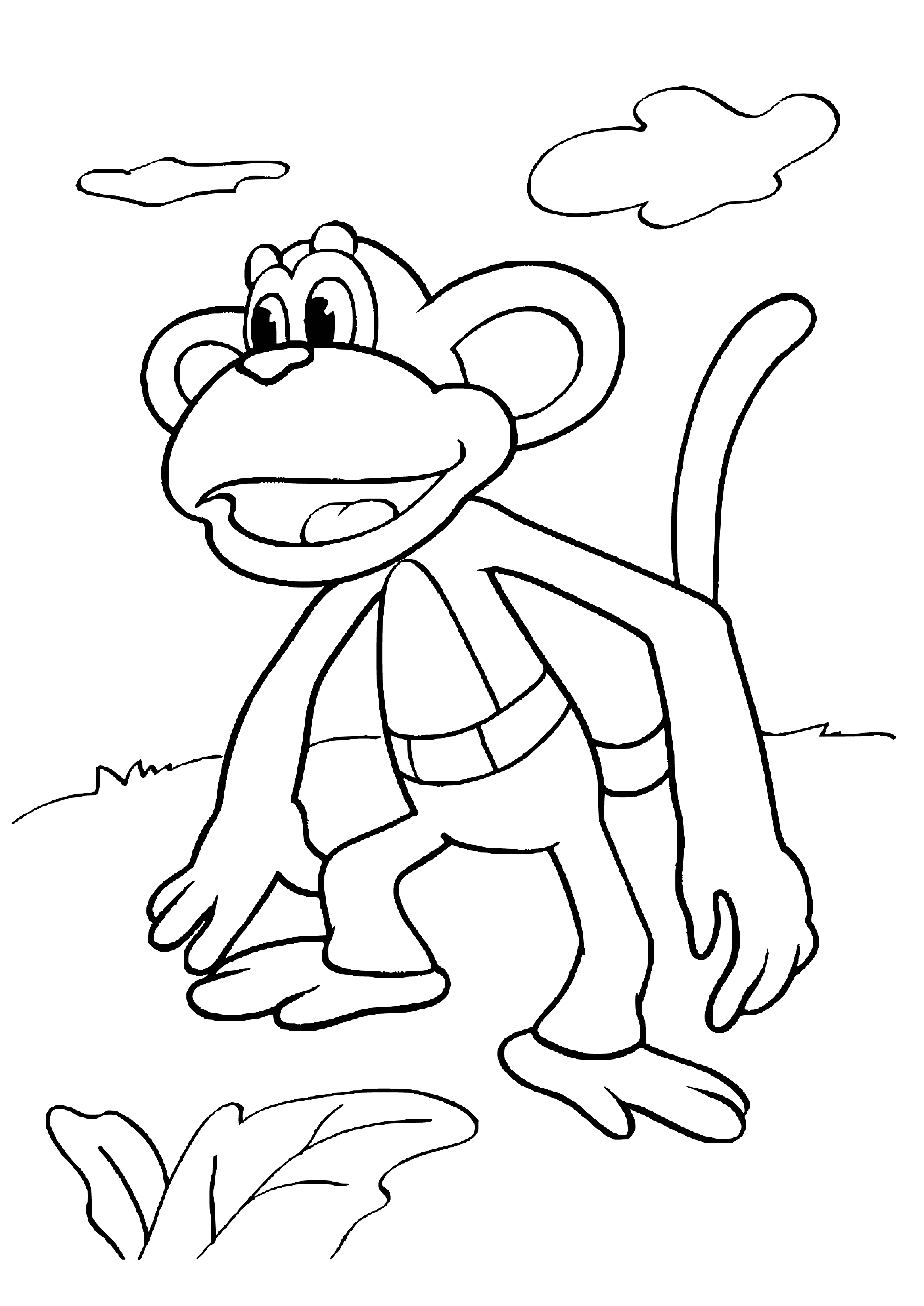 coloring page: Two monkeys show love on a tree branch: brown one holds cream-colored one in its arms.