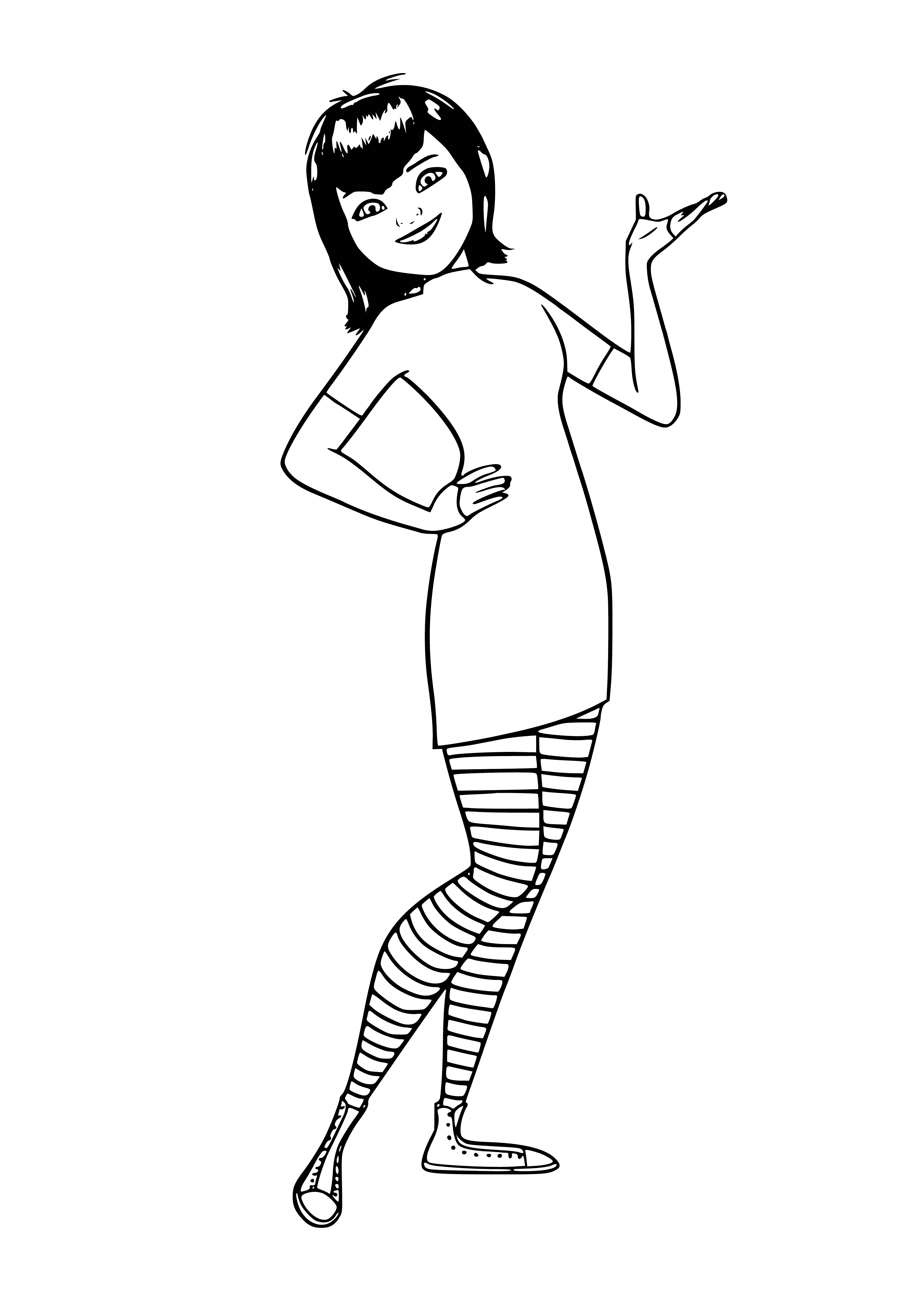 coloring page: Mavis stands ready to explore a mysterious castle, suitcase in one hand and optimism in the other.
