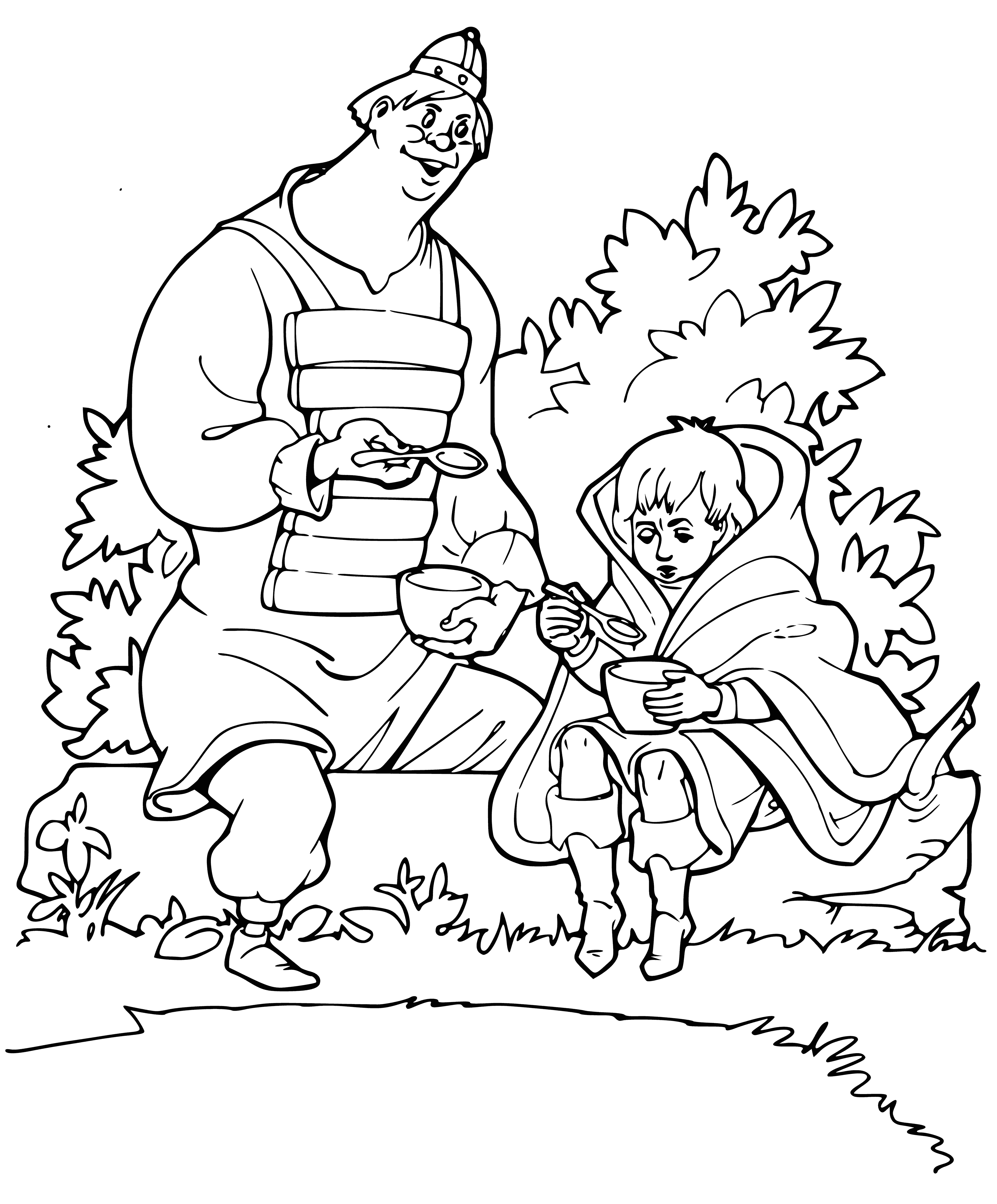 coloring page: Prince Vladimir, in traditional Russian clothing, feeds young Aleksha from a spoon. #Russia #imperialtimes