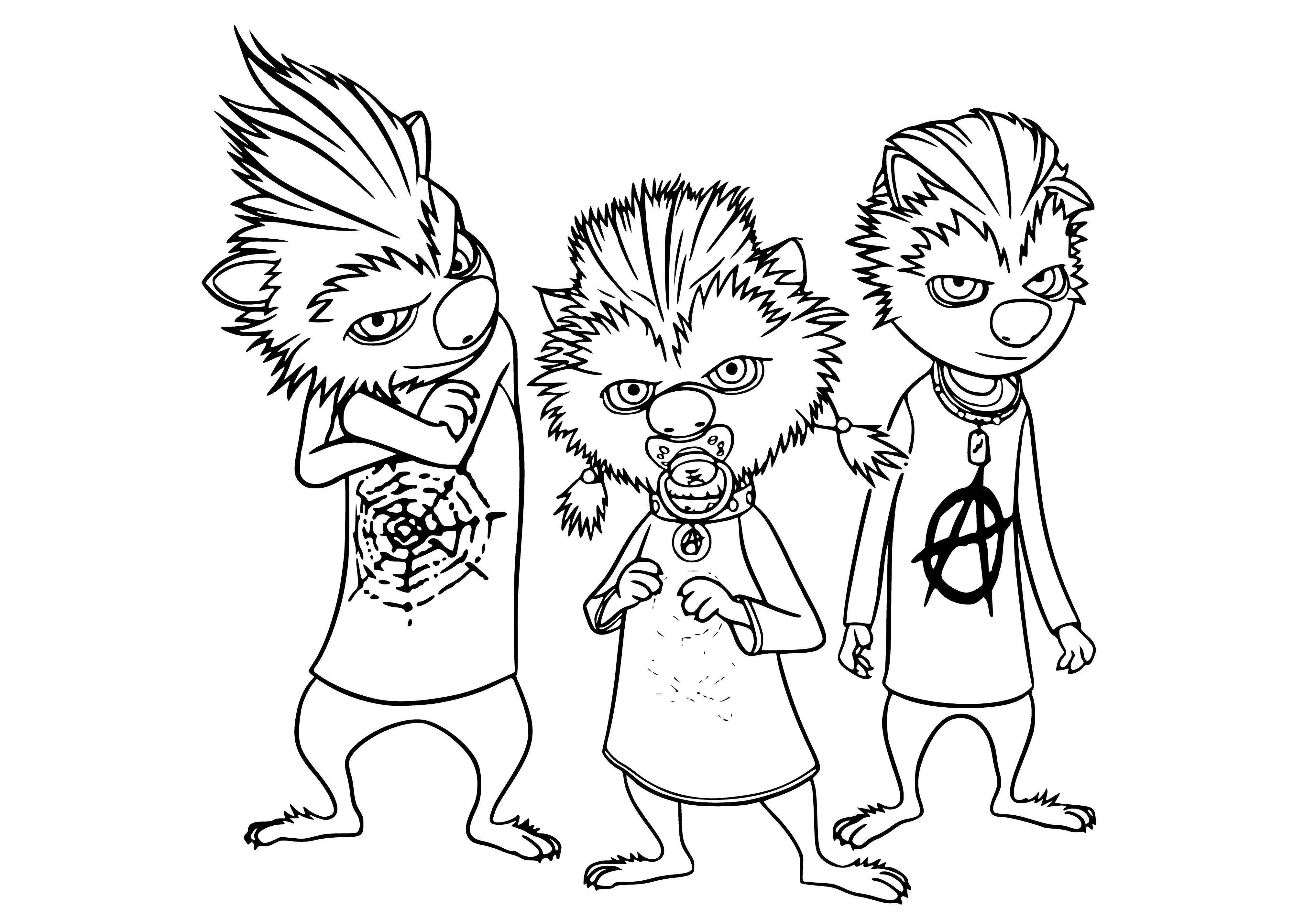 coloring page: 3 little werewolves running around in the grass, chasing & playfully running away. Brown fur & lots of fun!