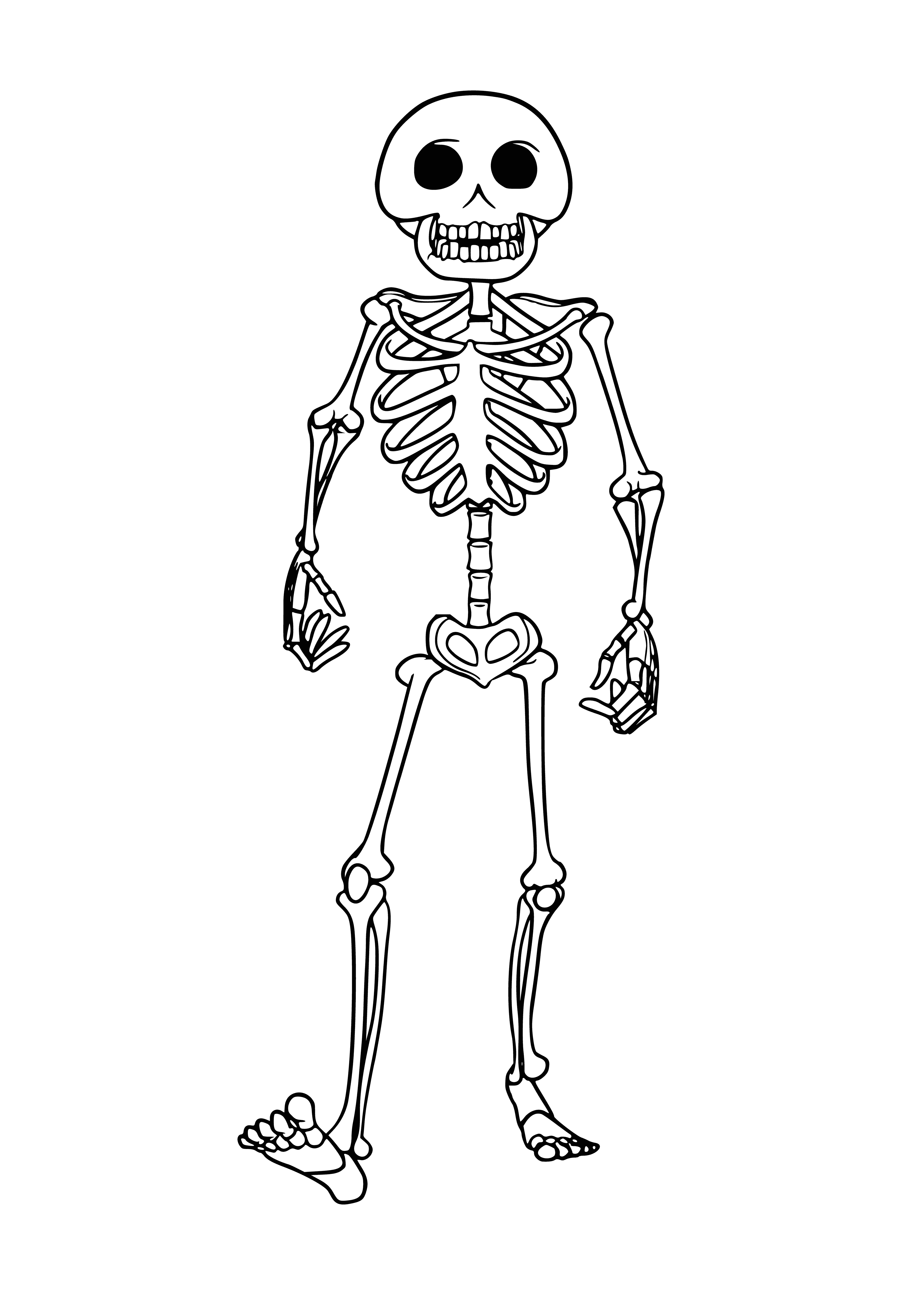 coloring page: Skeleton wearing black suit and hat, white shirt, black tie sitting on bench in a coffin.