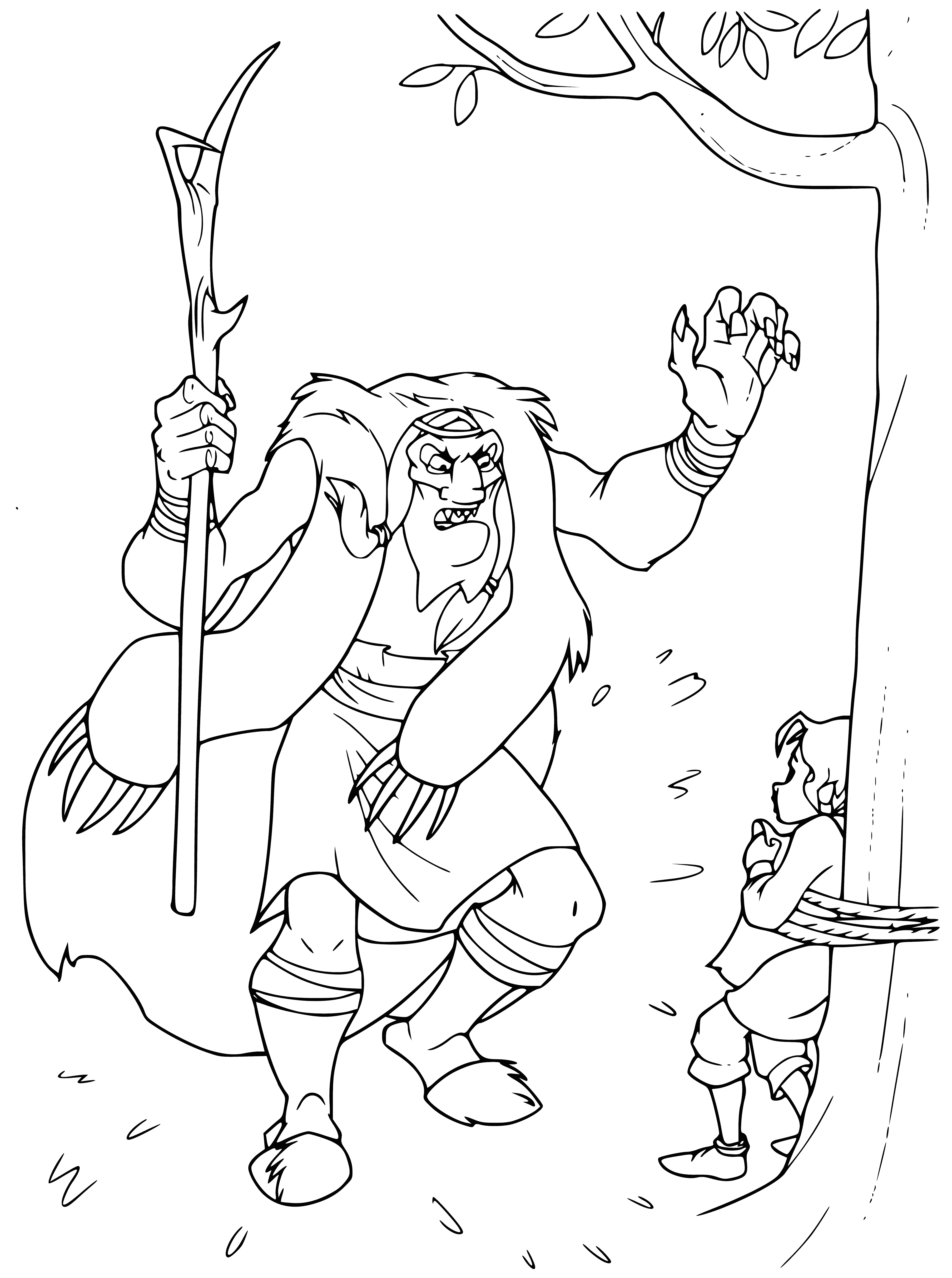 coloring page: Prince Vladimir attacks Aleksha with sword and shield. Aleksha blocks with own sword, but is wounded and in pain.