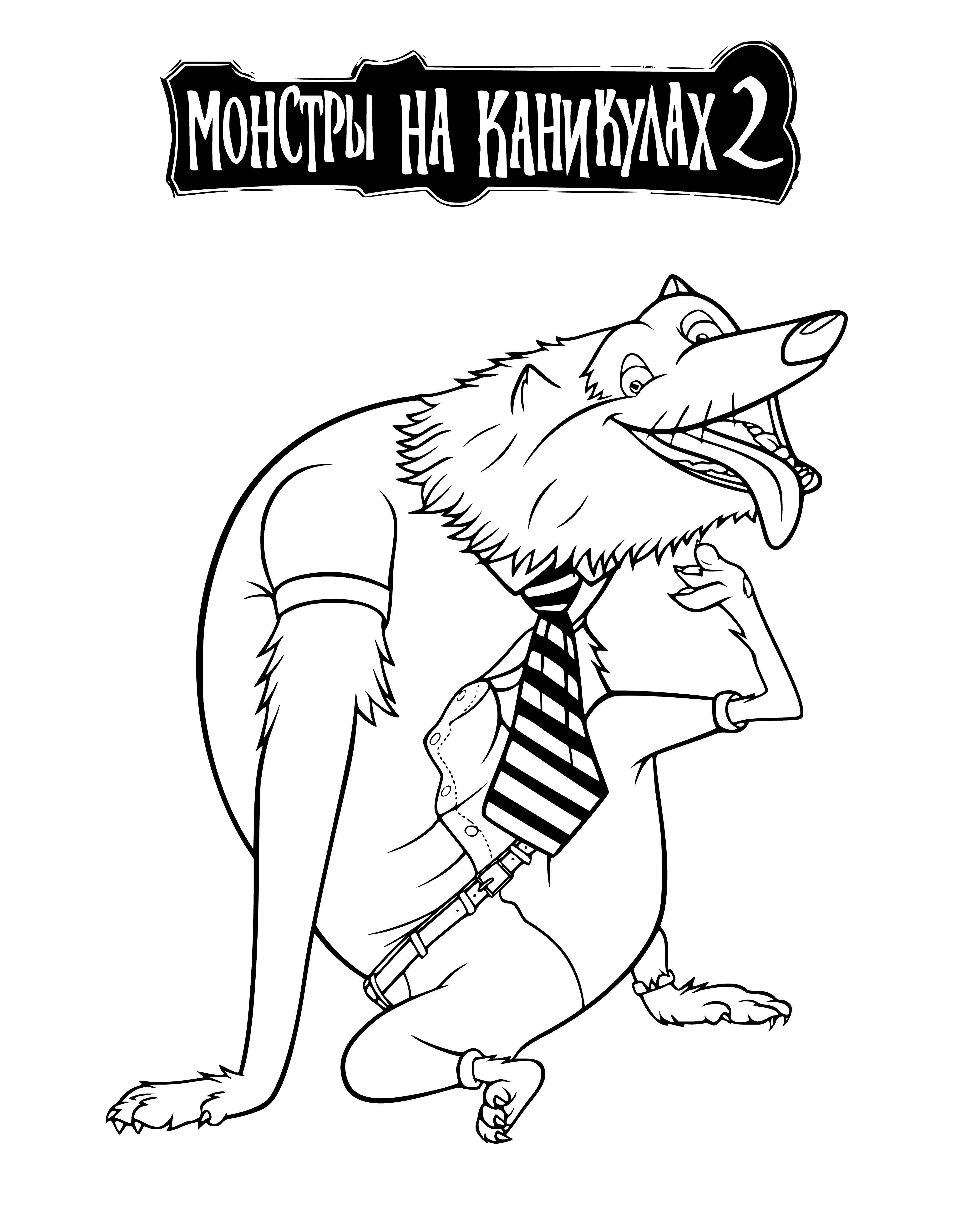 coloring page: Werewolf Wolfych stands on two legs with pointy ears, a long snout, a bushy tail, & a collar with a bone. #mythology