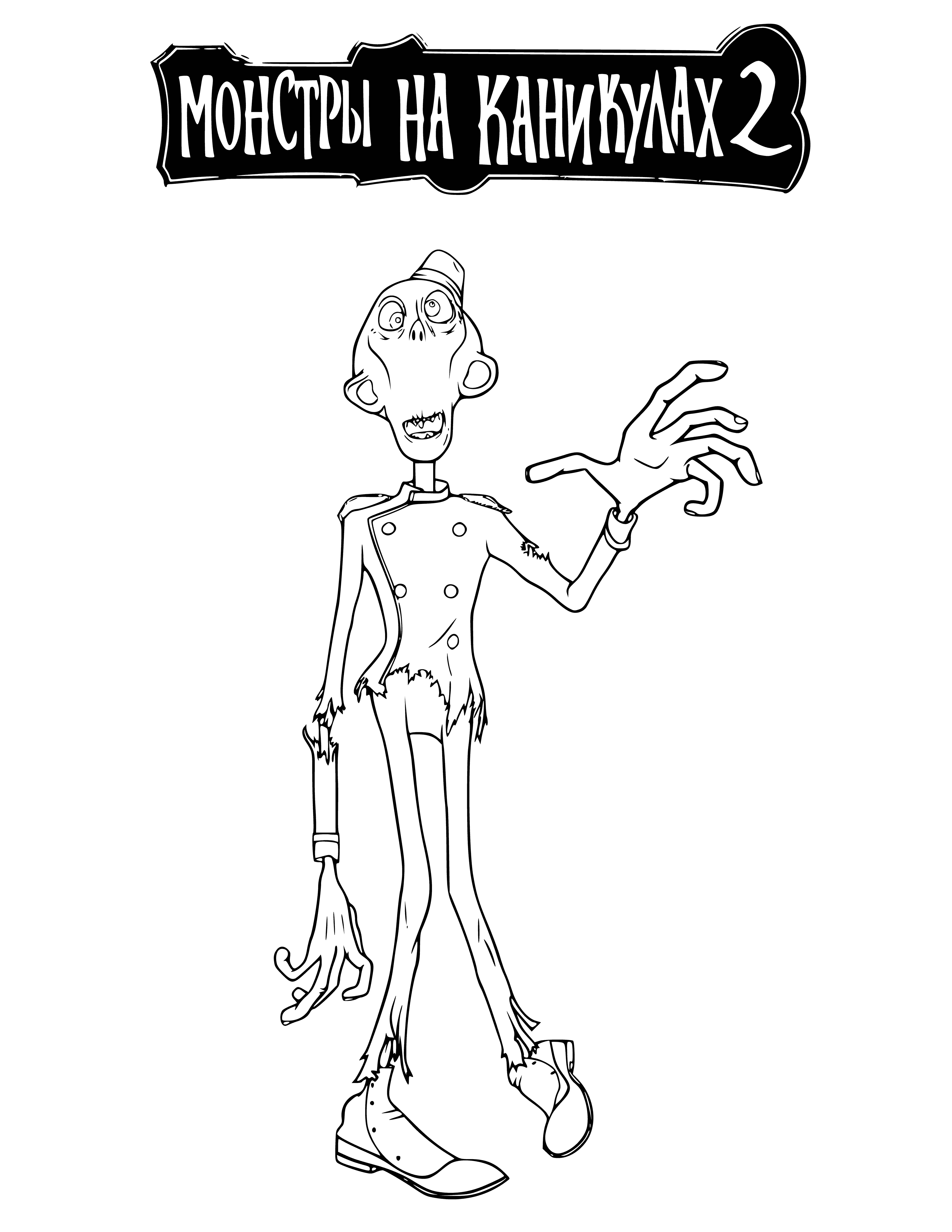 coloring page: A zombie-shaped Swiss atop a white plate w/ red & blue eyes, yellow shirt & red tie; a small red heart beside. #HotelTransylvania