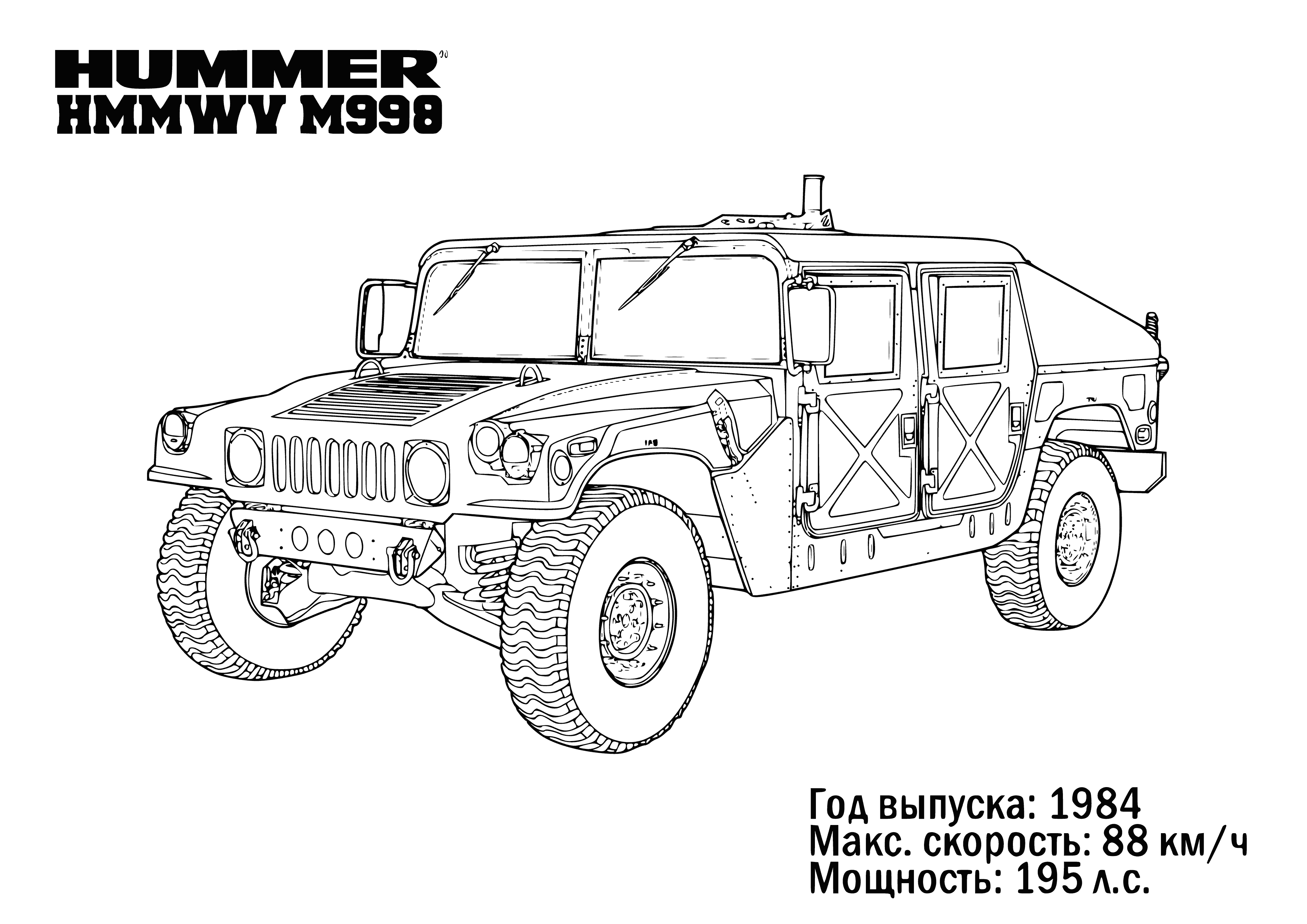 coloring page: Hummer: Boxy SUV w/ wide grille, small round headlights, square taillights, tire treads, flat roof, & four doors. #ClassicSUV