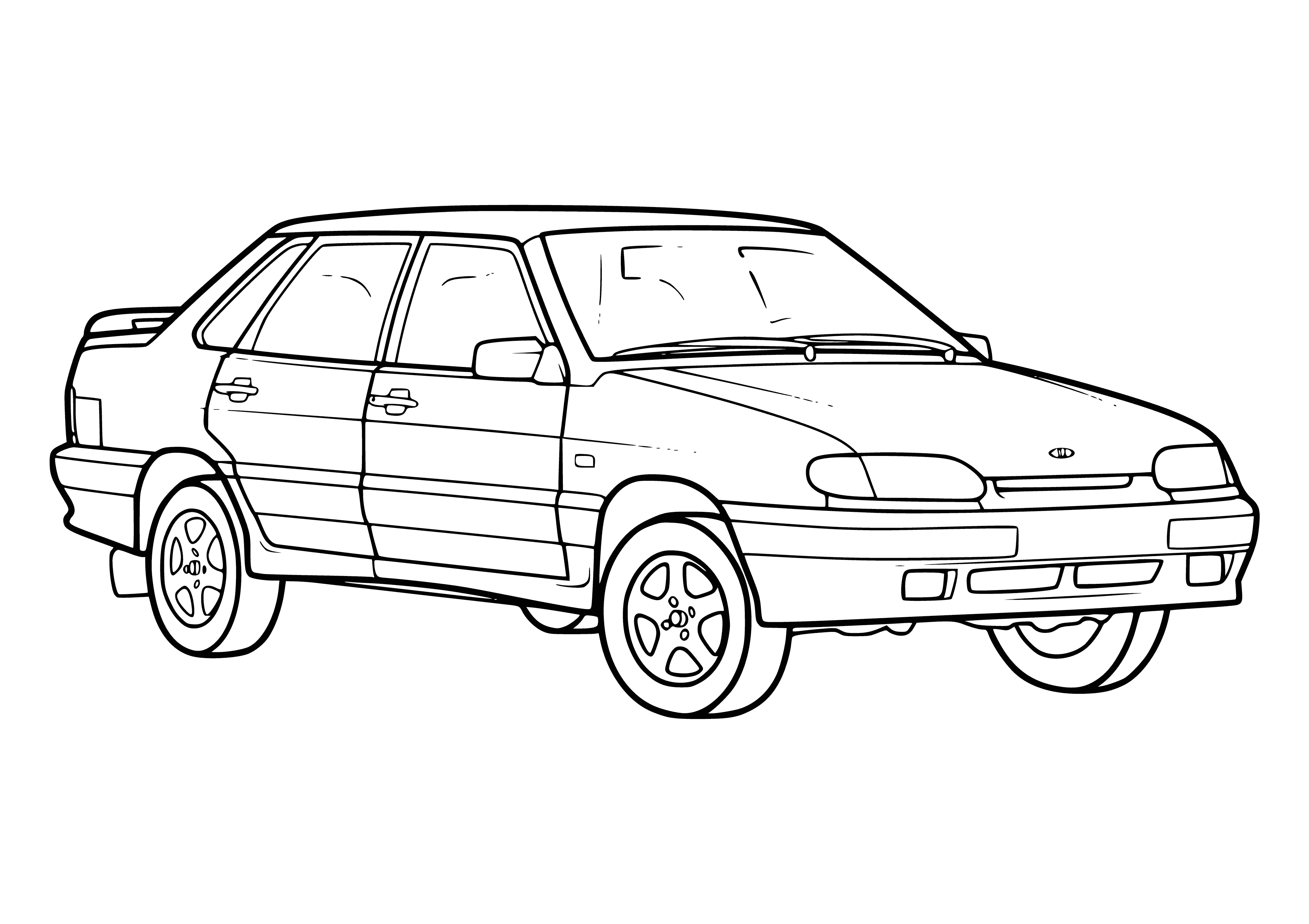 coloring page: Lada car has 4 doors & magenta body w/black trim. 4 rectangular headlights, grille w/logo & 3 windows/side, square taillights & 4 exhaust tips.