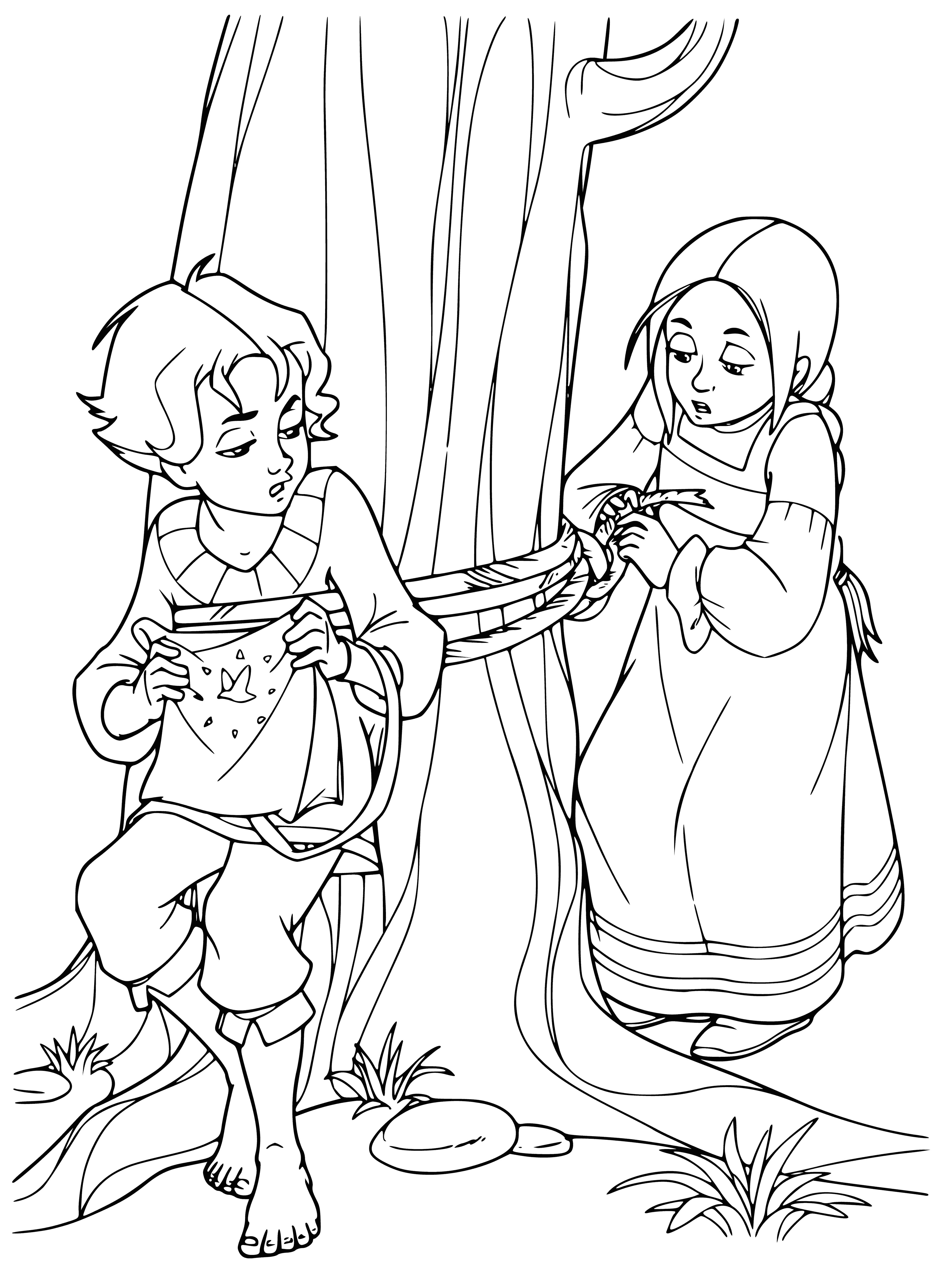 coloring page: A man & woman smiling, holding hands. She holds a flower, he has his arm on her shoulder.