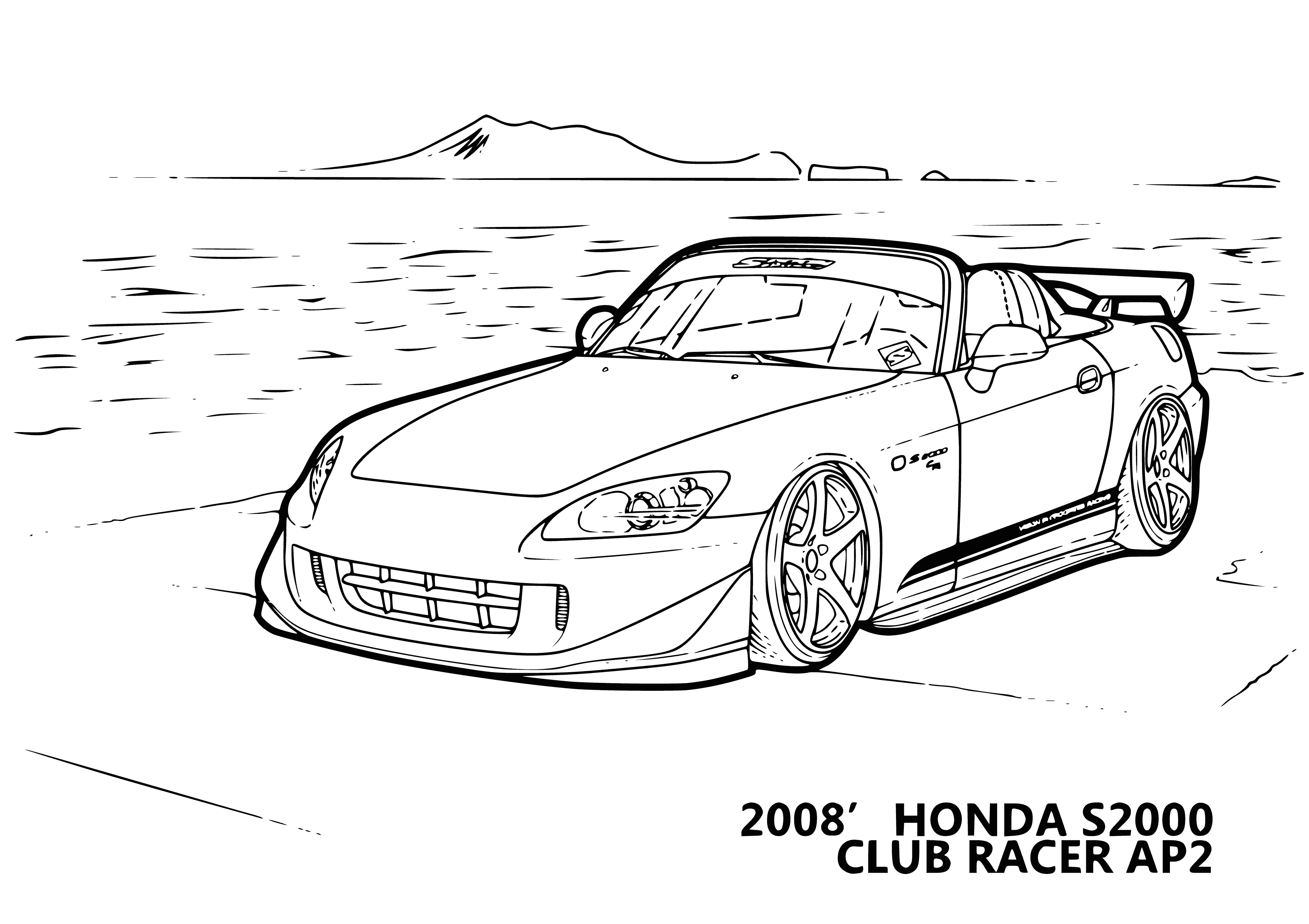 coloring page: A red Honda car parked on a road, four doors, black roof, black windows, four tires and rims, mirrors and license plate that reads "Honda."