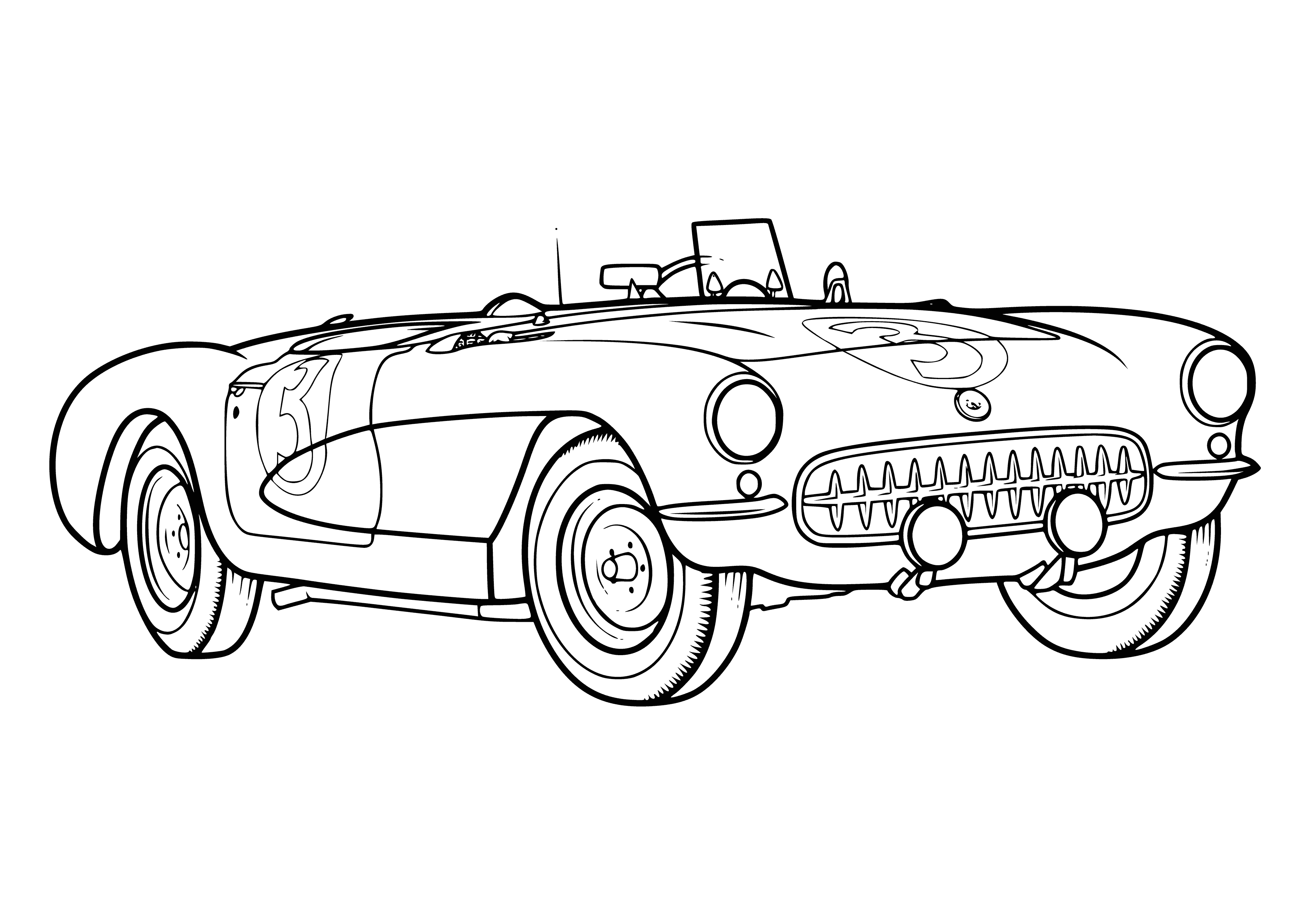 coloring page: A blue car with a top down, chrome grille & white stripes, sits on a road surrounded by trees with chrome-rimmed white walls.