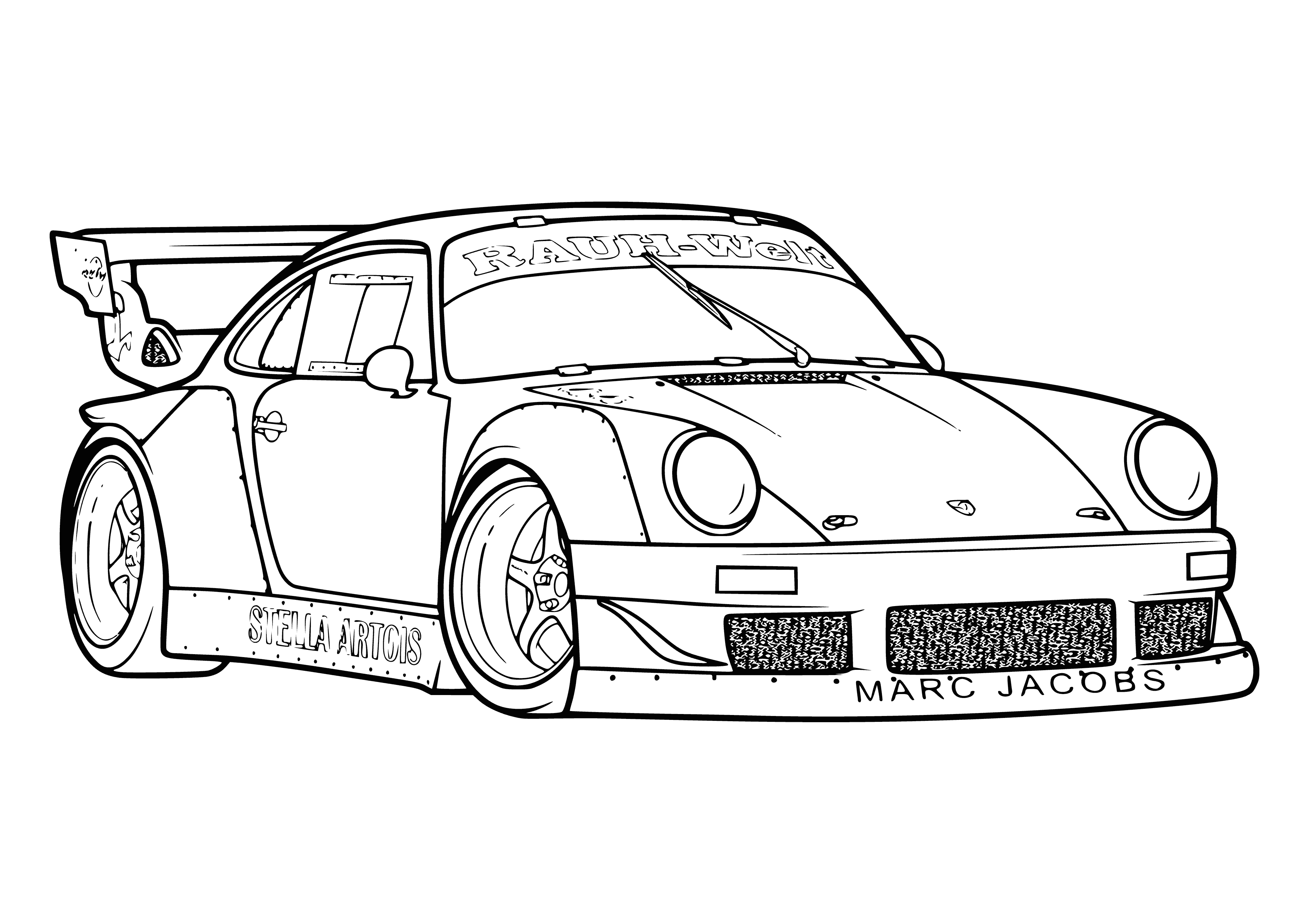 coloring page: Silver Porsche w/ two doors, sunroof, Porsche logo, round headlights, chrome rims, tinted windows.