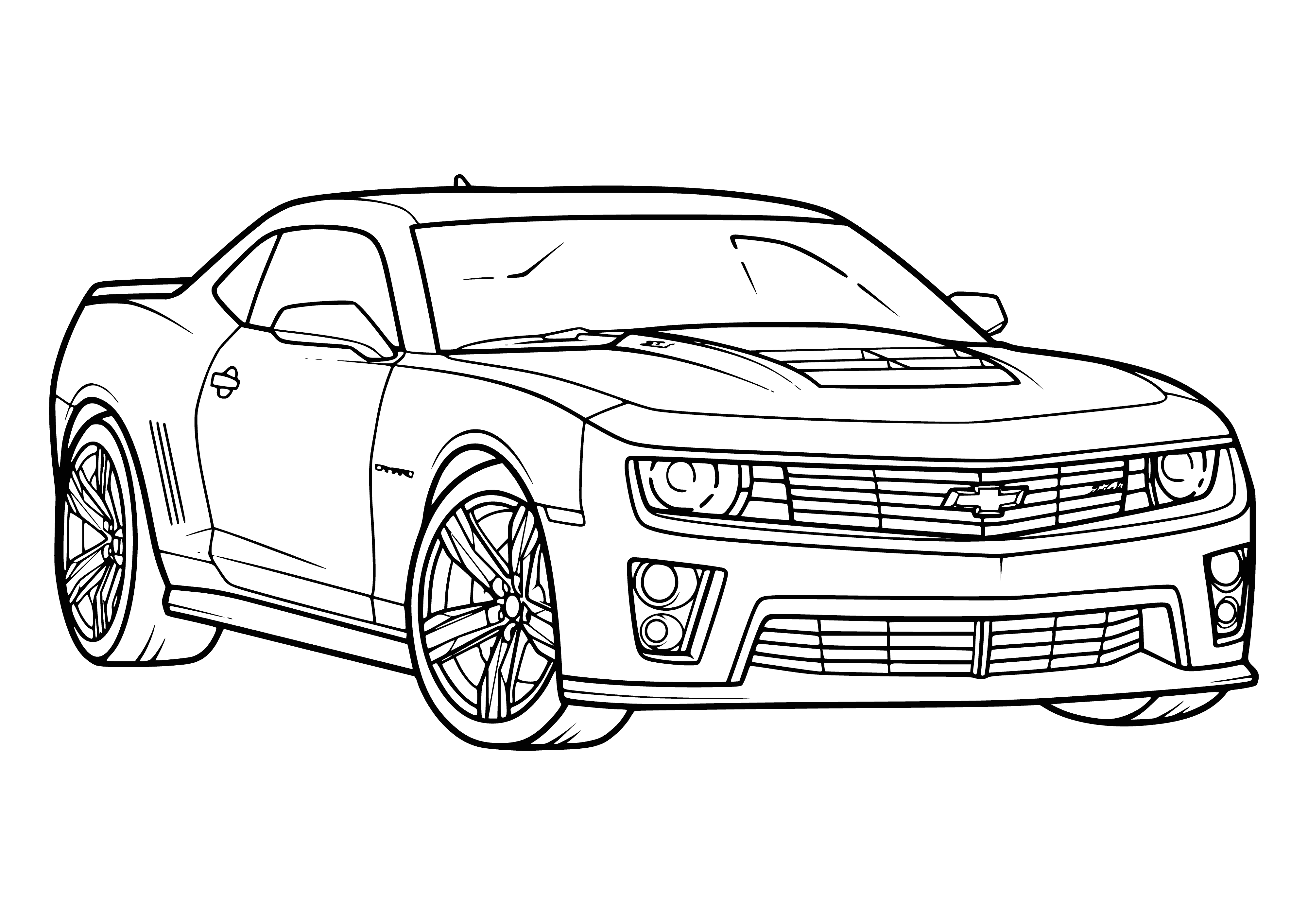 coloring page: Parked blue 4-door Chevy car on residential street has trunk, Chevy logo, tinted windows.