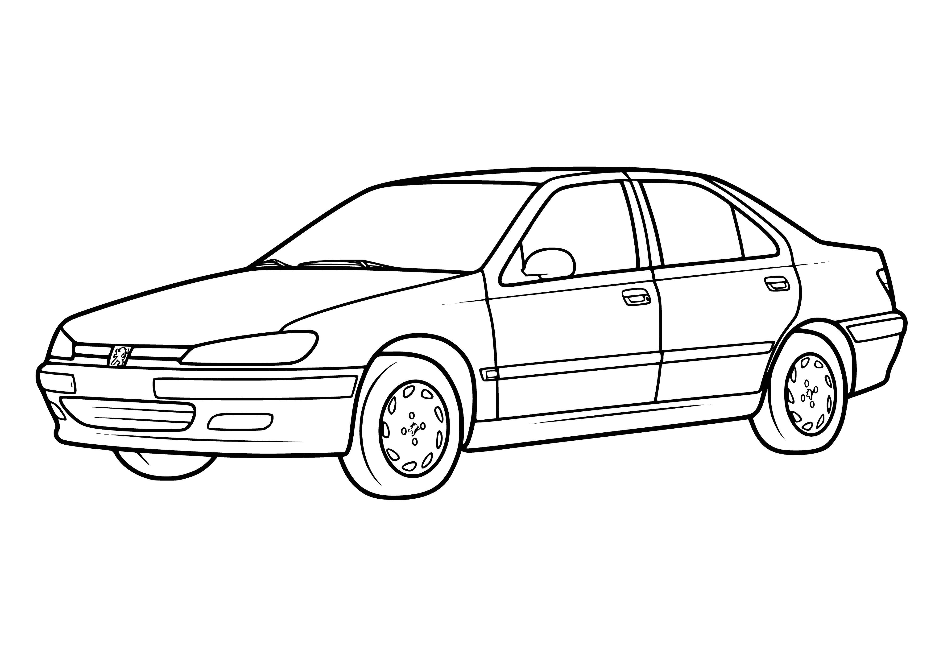 coloring page: Light blue Peugeot w/ long body, short front, four round headlights, long thin grille w/ Peugeot logo, 4 round wheel wells, tinted windows, 4 doors.