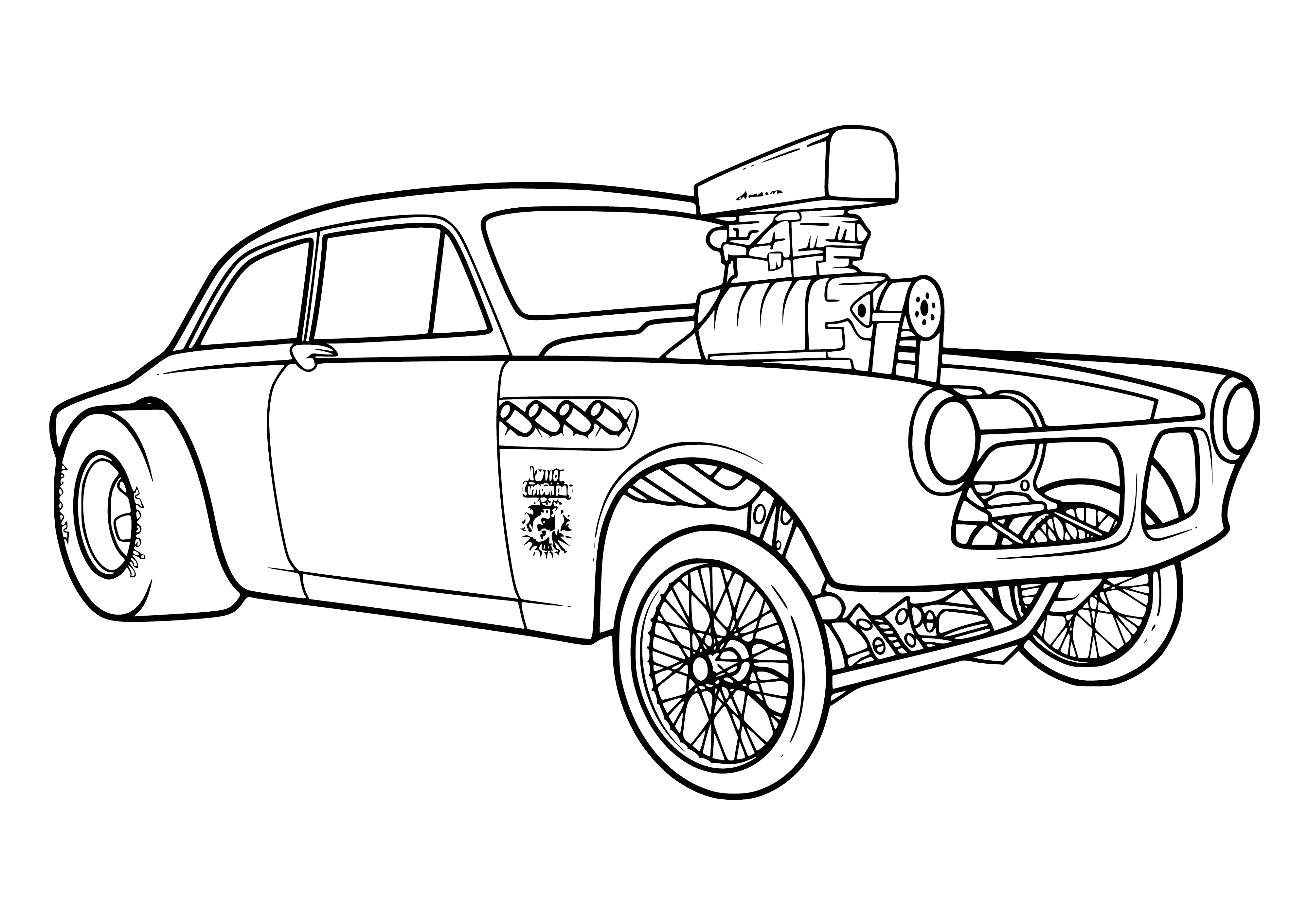coloring page: Coloring page of small, black car w/ 4 doors & trunk parked on street, building in background.