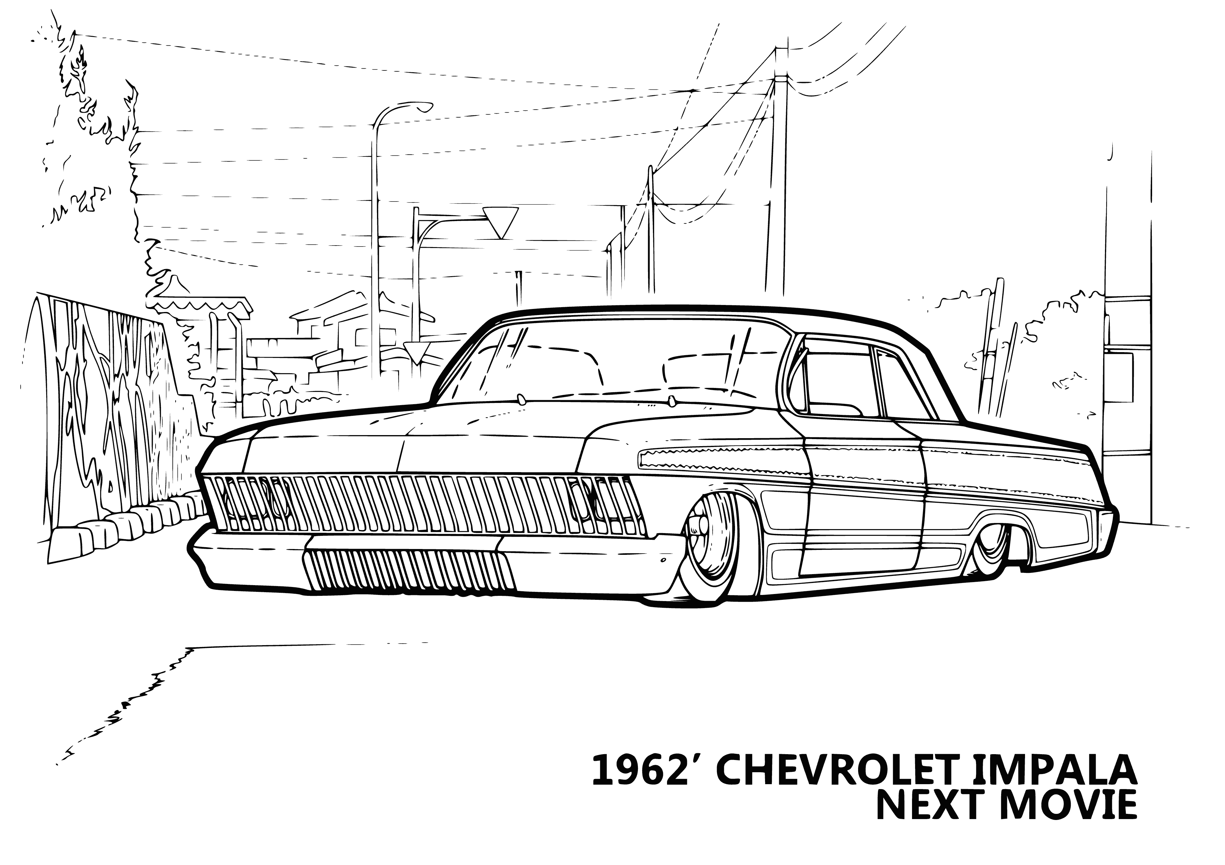 coloring page: A yellow Chevy w/ black convertible parked in a driveway: black grille, Chevrolet logo, 2 doors & 4 seats.