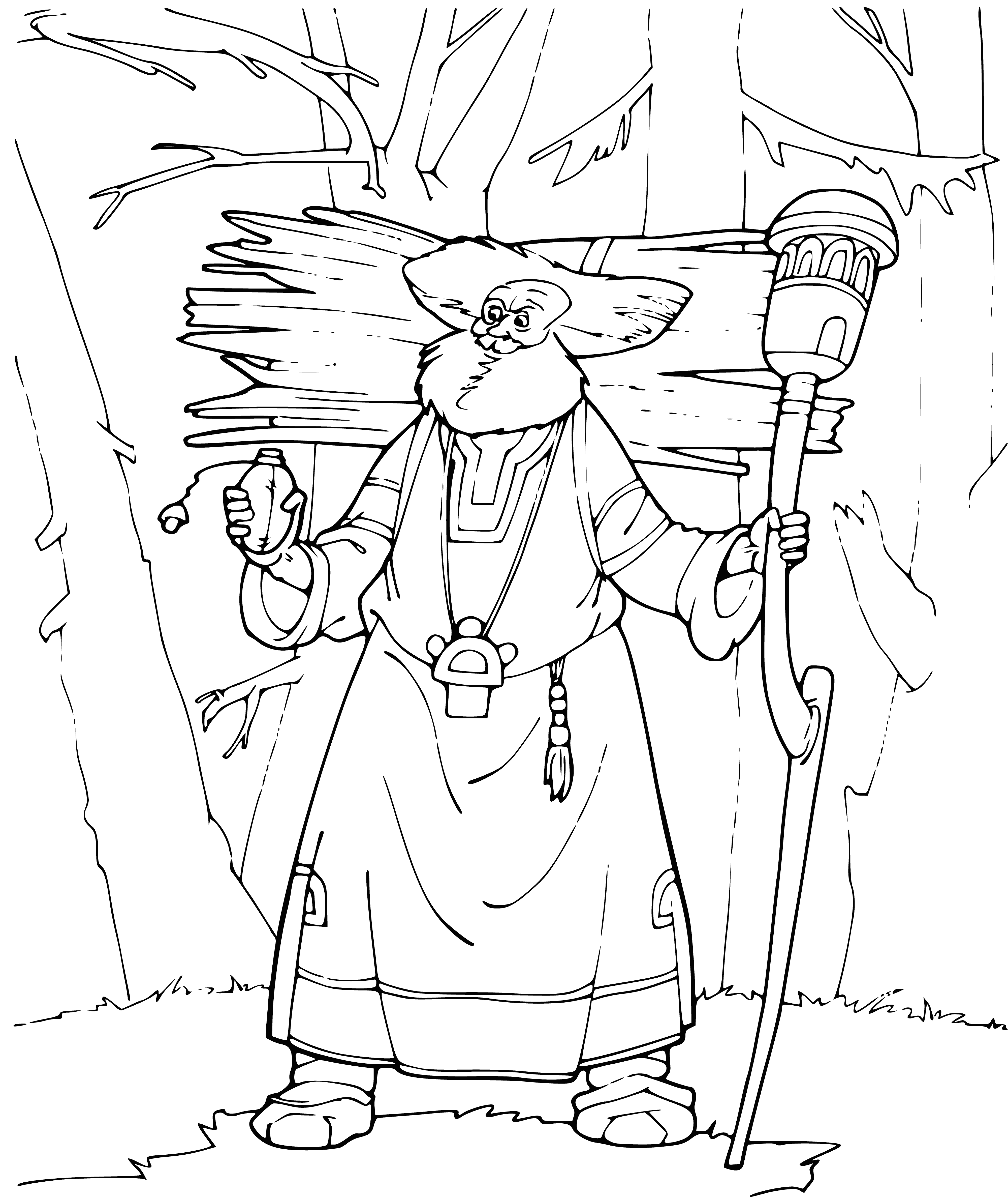 coloring page: An old man with a white beard, yellowing robe and tumors on his face studies a raven in front of a table of books and a lamp.
