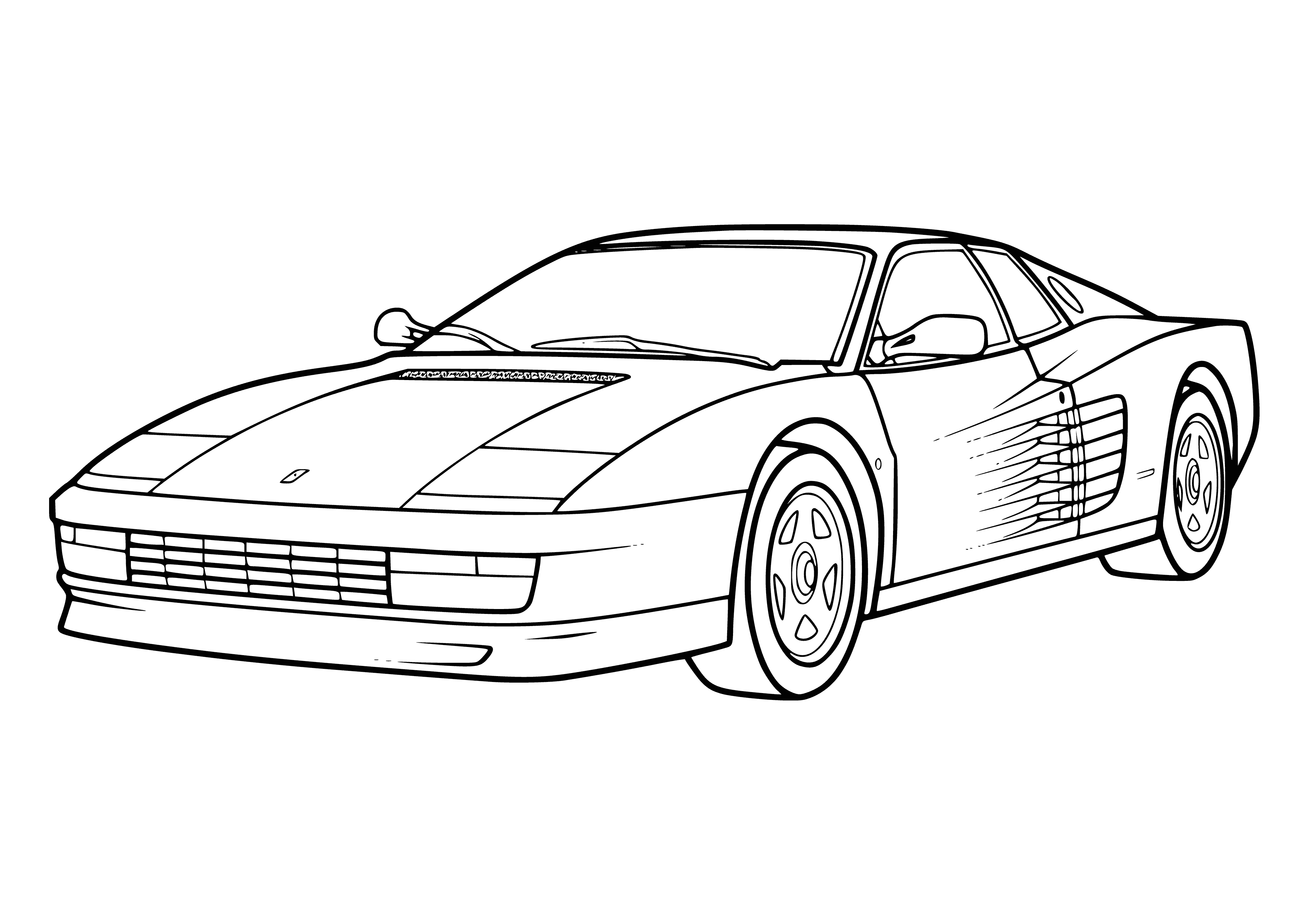 coloring page: Coloring page of dark blue passenger car w/4 doors & windows, rounded front & back, 2 headlights & 2 taillights, spoiler. Parked on cement roadway.