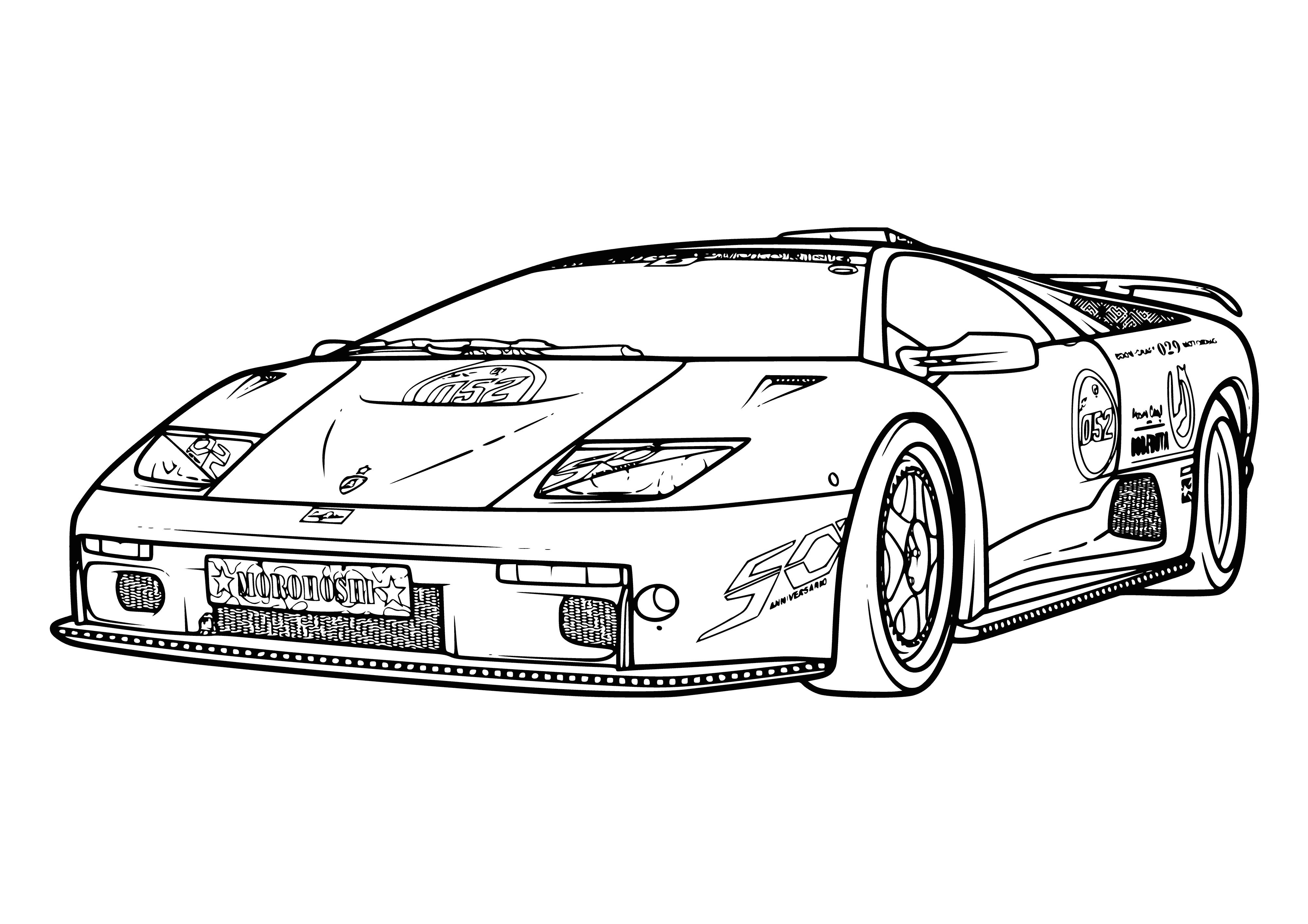 coloring page: Race car: Long pointed hood & wide body, 4 skinny tires (red or blue). Low to ground & rear spoiler for speed.