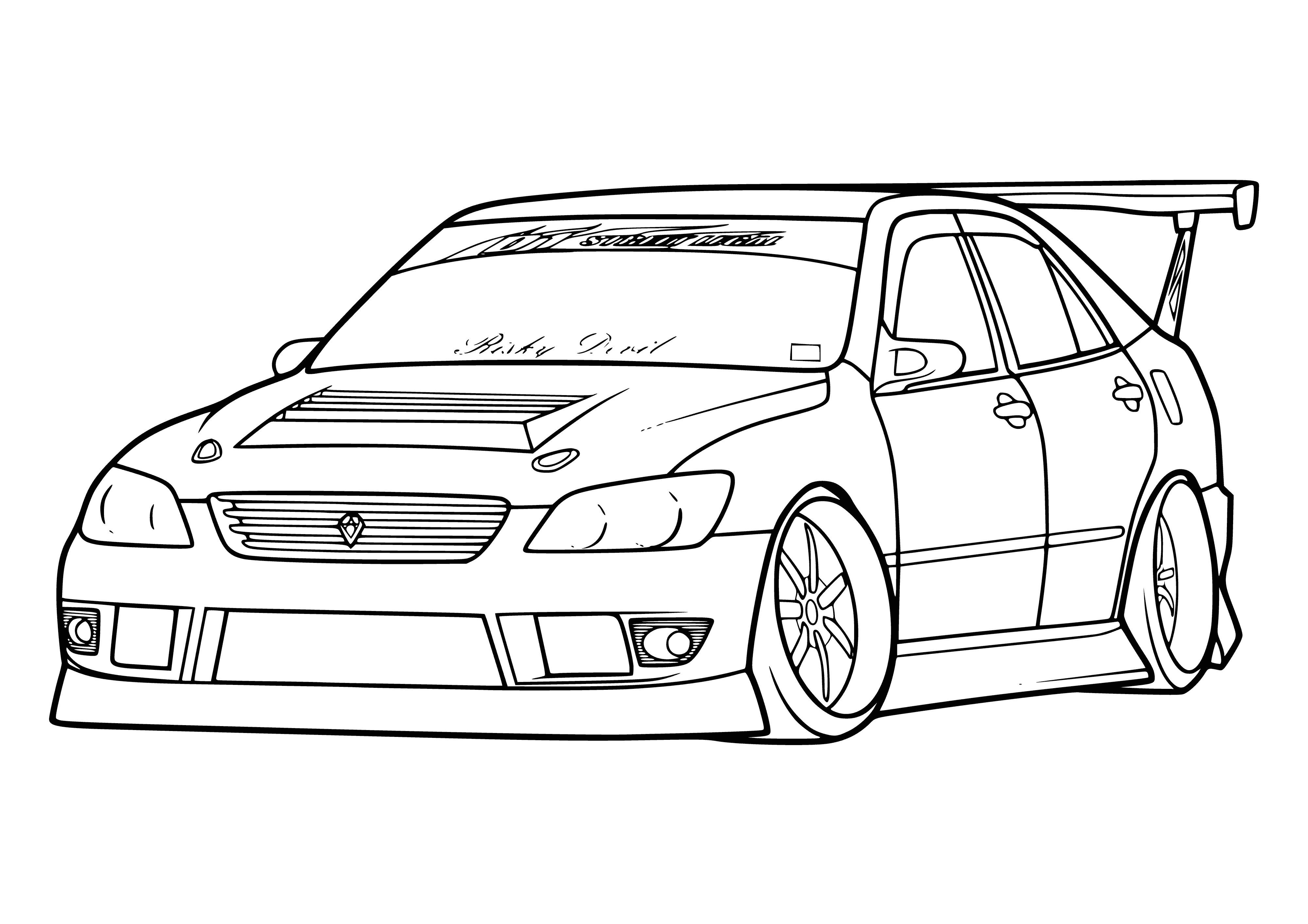 coloring page: Large red car parked on city street, four doors + spoiler, chrome accents, tinted windows.