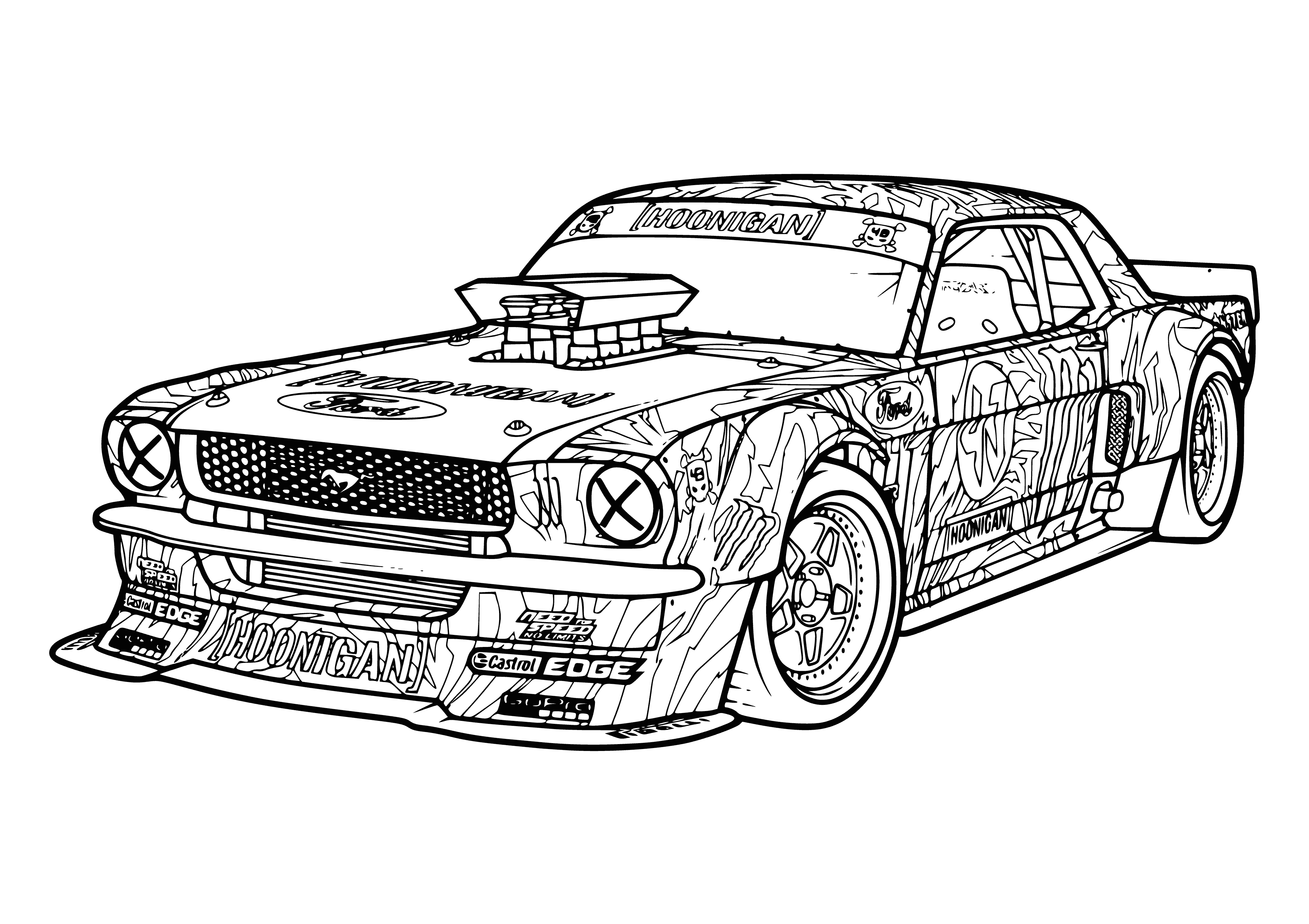 coloring page: Car parked: red Mustang w/ two doors, long hood, two white stripes, four wheels & dark top.