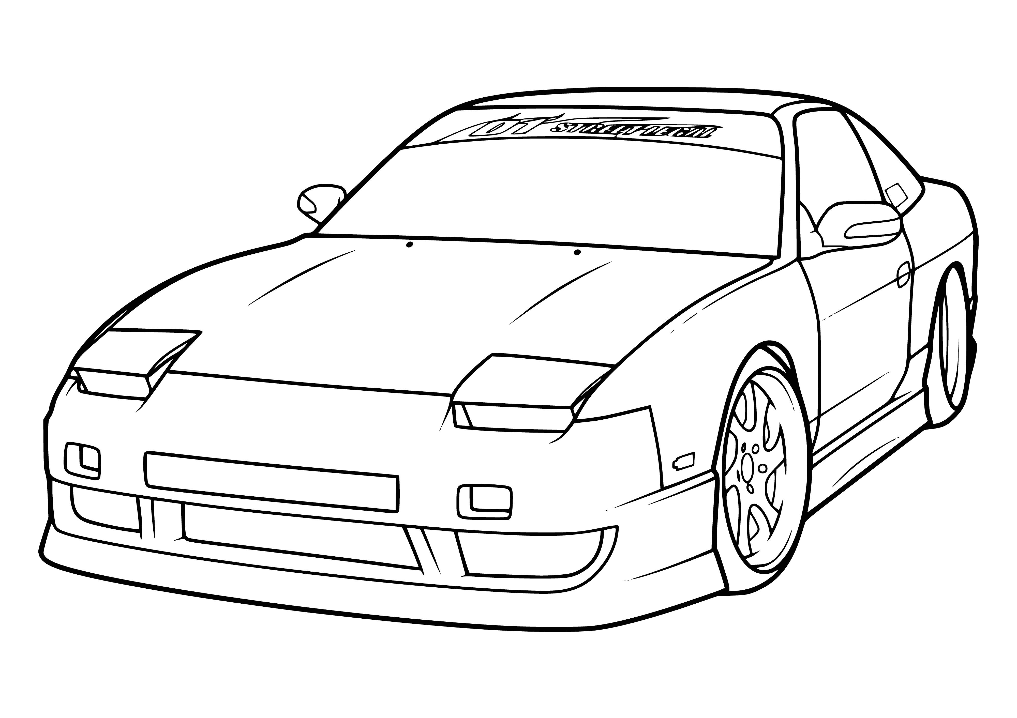 coloring page: A red car with 4 doors and a trunk, 5 seats (bucket seats in front, bench in back) and a manual transmission.