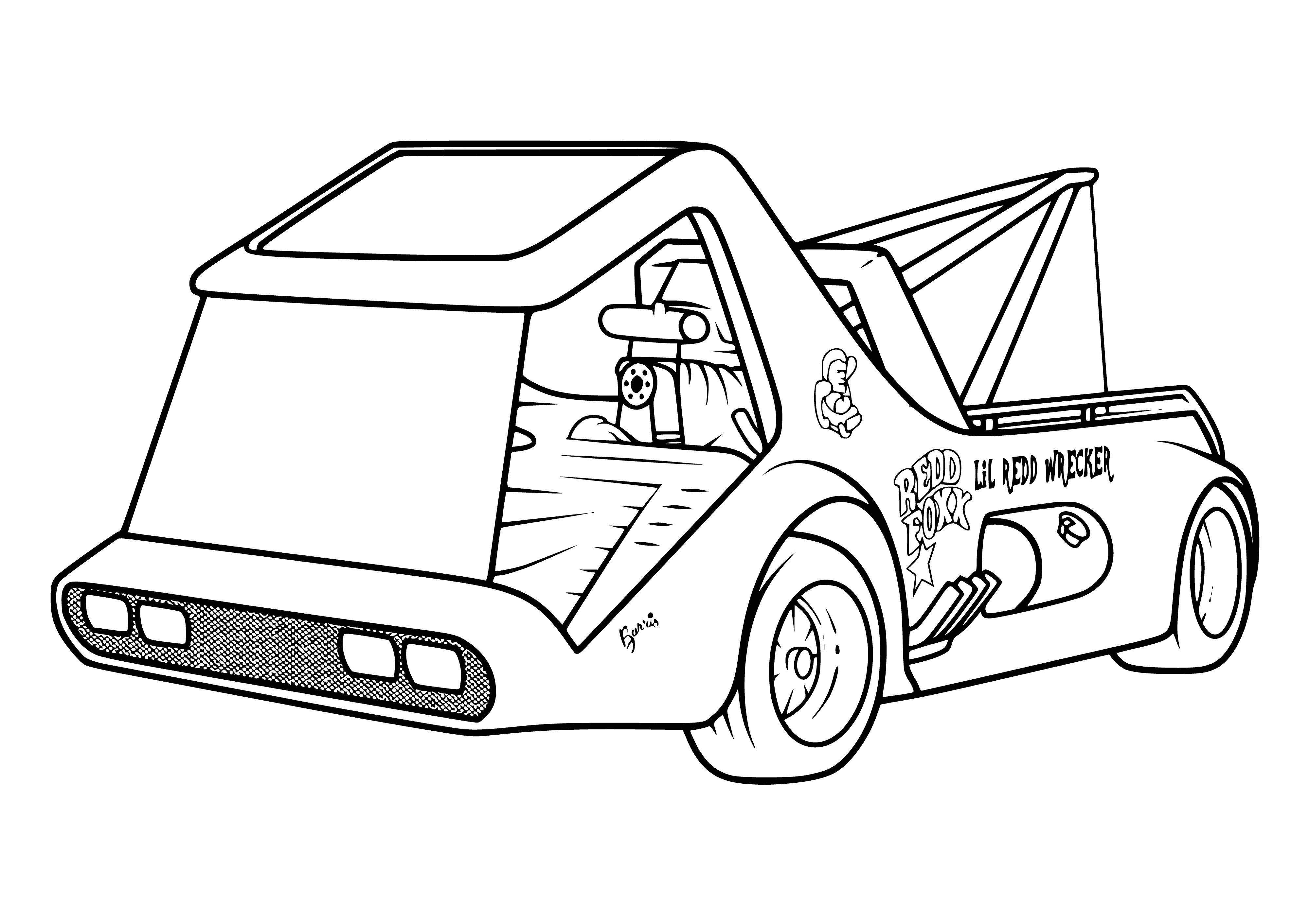 coloring page: Long, low car w/ sleek design; one large fin & two smaller ones on sides; front w/ 2 grilles & painted in metallic blue.