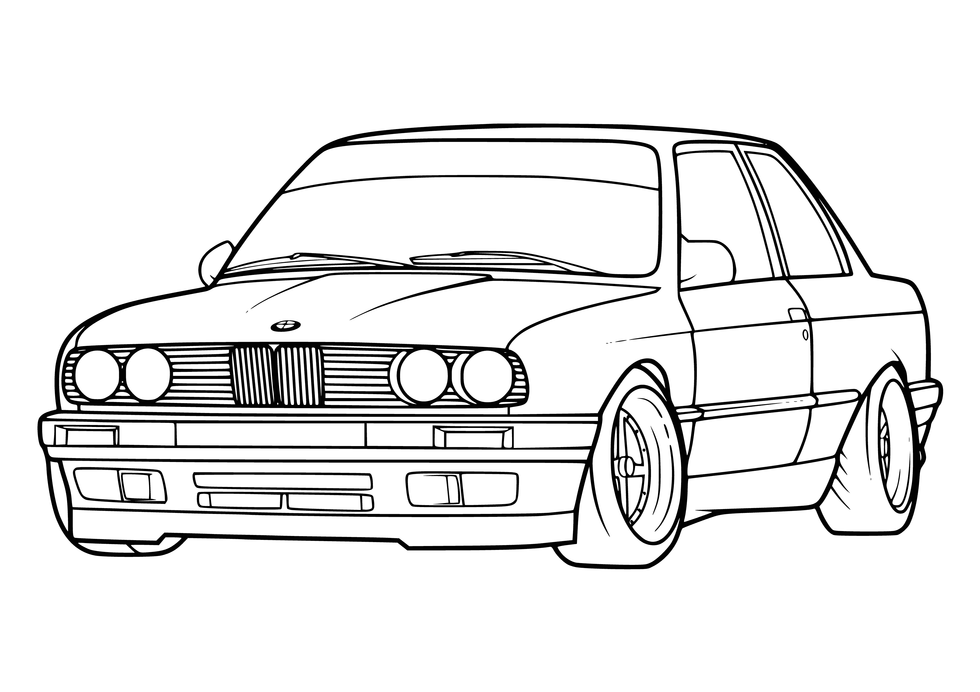 coloring page: Compact four-door car with sleek design, long hood, large round headlights, chrome handles, tinted windows, alloy wheels, and sunroof. BMW logo center of grille.