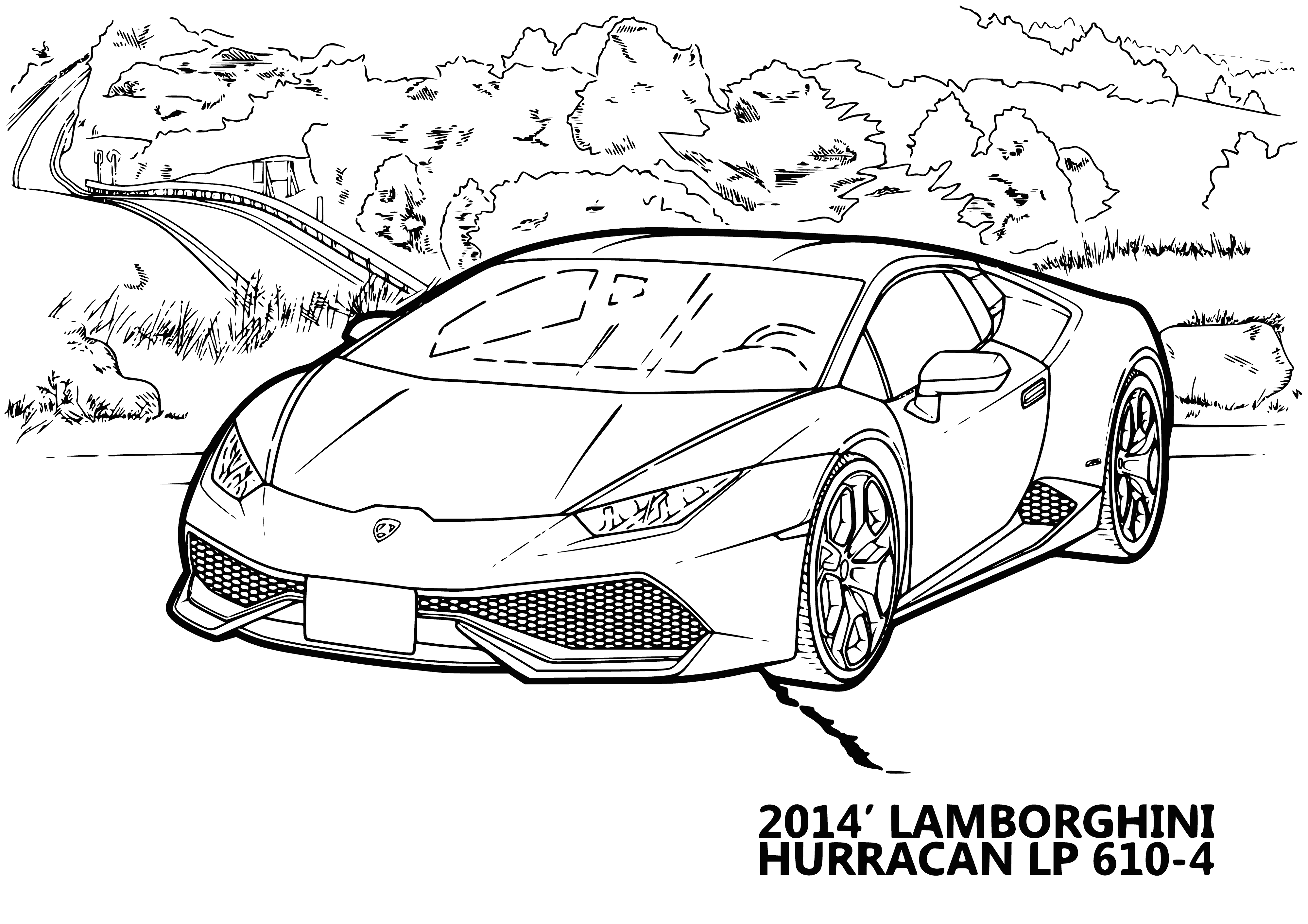 coloring page: Lamborghini Huracan coloring page with sharp angles, sleek thin headlights, scissor doors, gold line and round exhaust pipes sitting on black & gold rims.